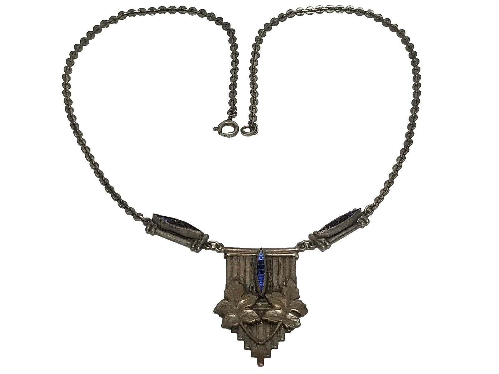 Antique Art Deco / Nouveau Simulated Sapphire Pendant Necklace Leaf Motif 18 3/4