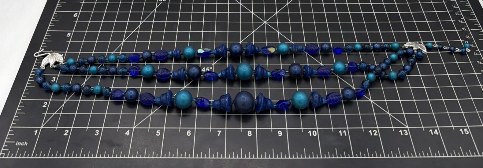 Japan Signed Vintage Multi‑Strand Blue Beaded Necklace – Art Glass Statement