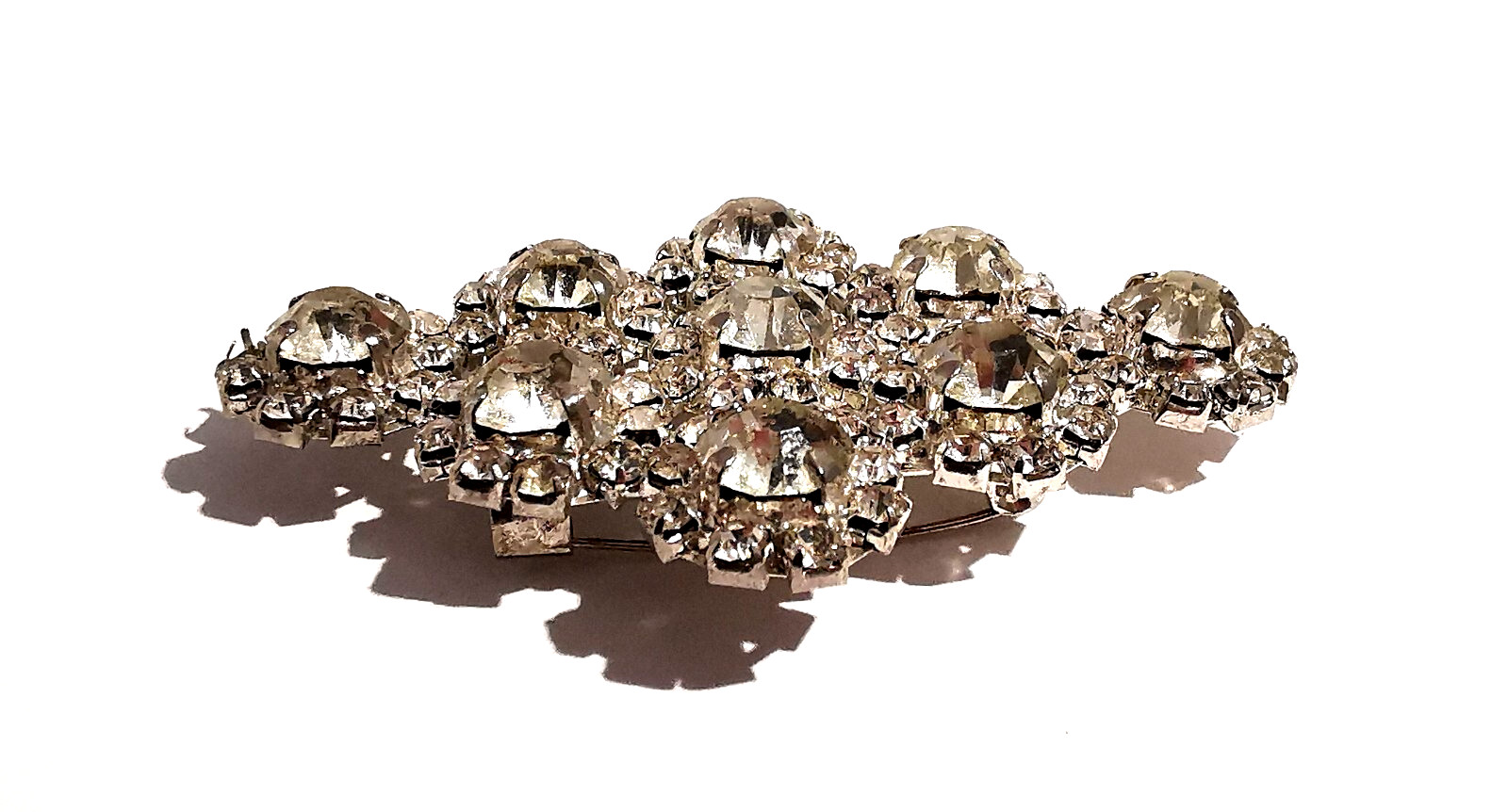 Vintage Czech Brooch Handmade Rhombus Shape Clear Colorless Rhinestones Glass