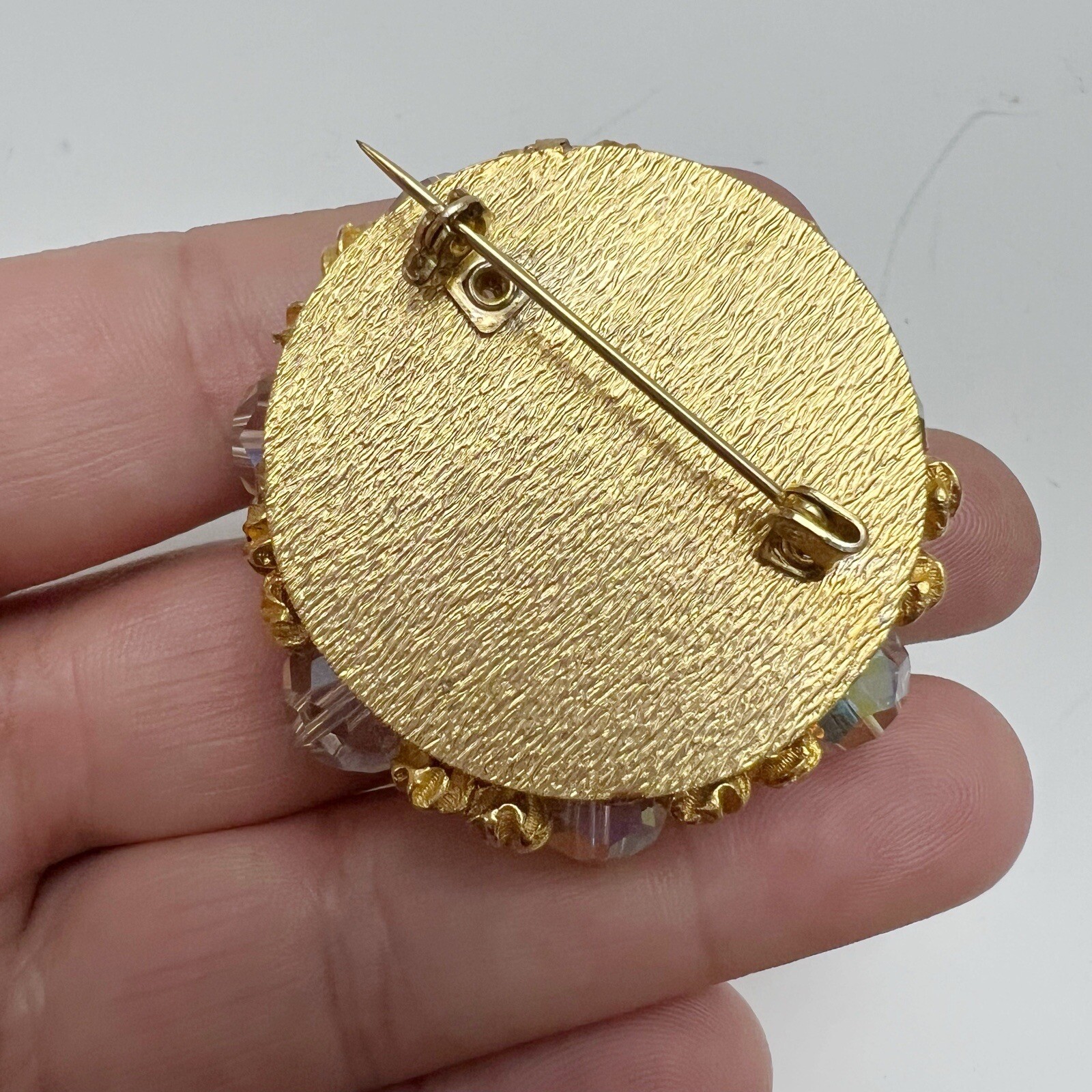 Vintage Clear Faceted AB Crystal Beaded Cluster Round Goldtone Brooch Pin