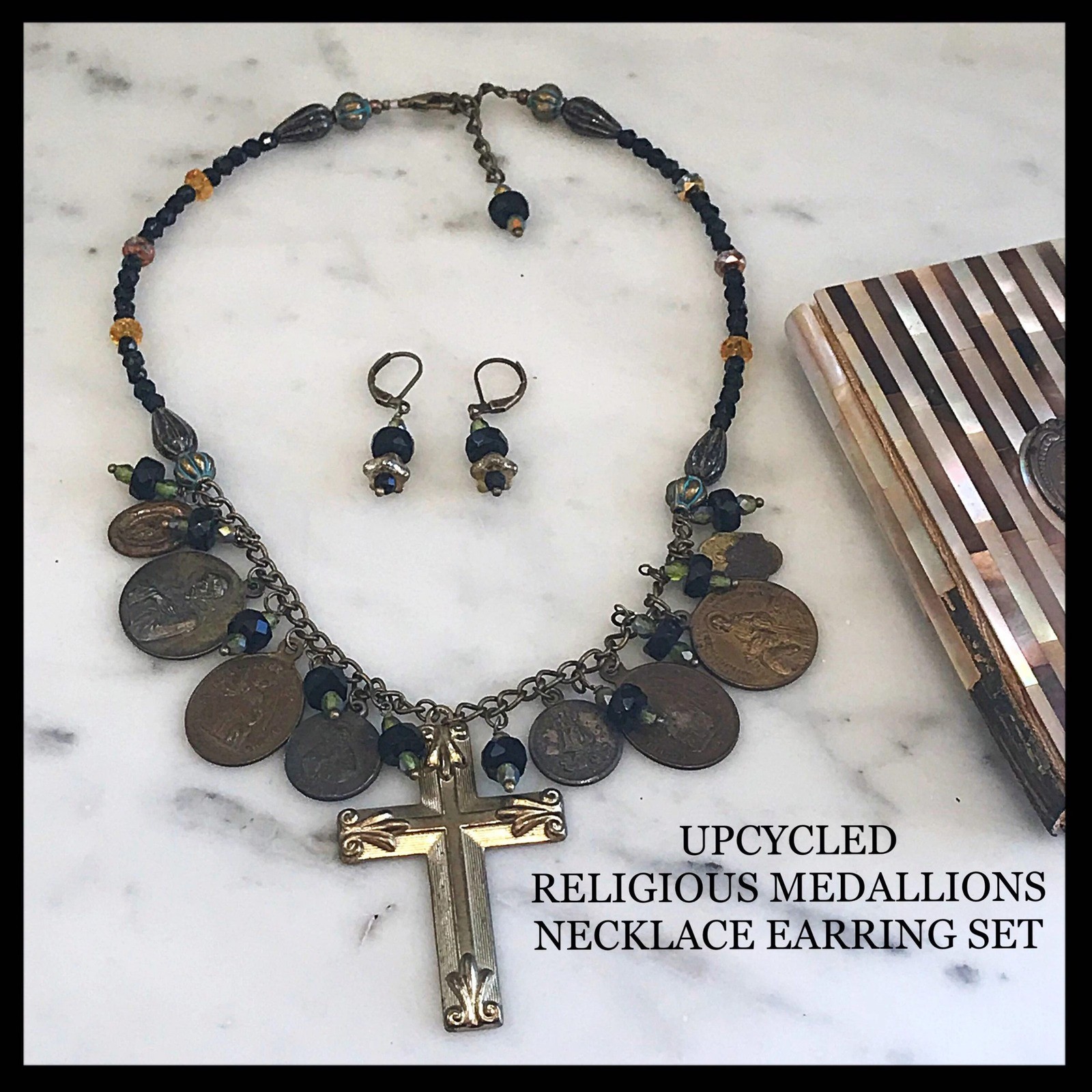 Vintage Religious Medallion & Cross Charm Necklace