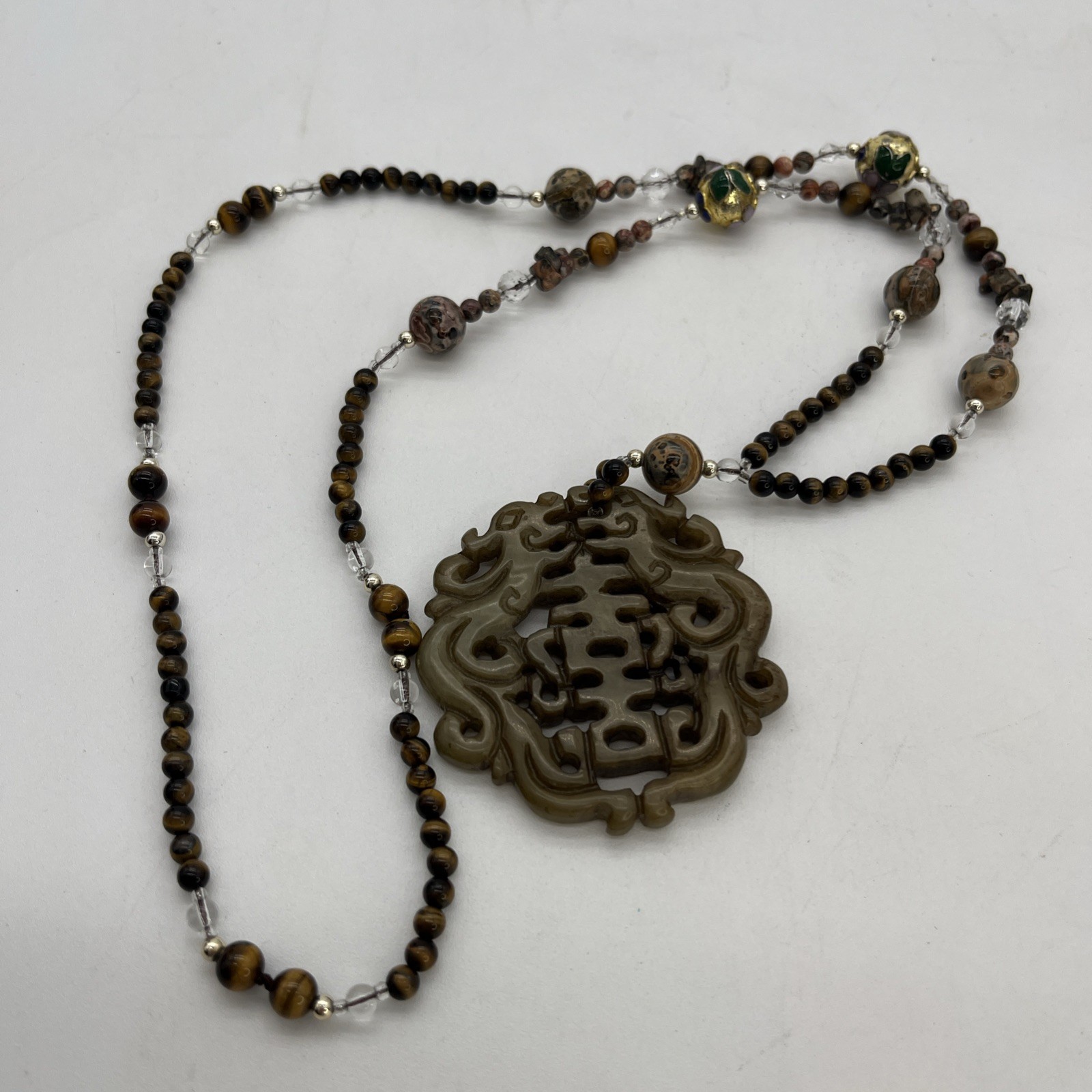 Chinese Carved Stone Pendant With Cloisonné Jasper Tiger Eye Beads Necklace 30”