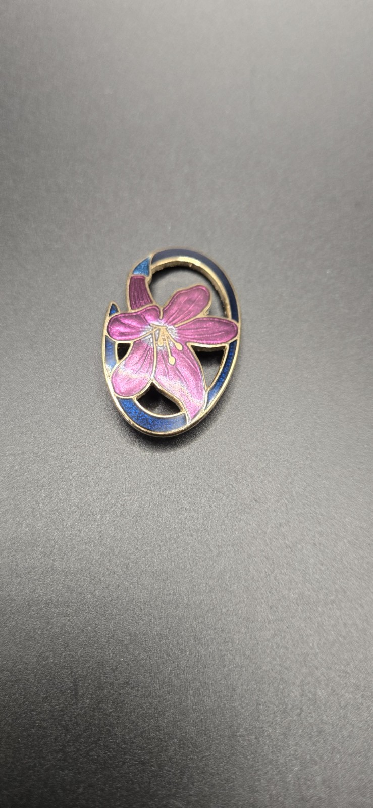 Vintage Cloisonne Cobalt Violet Blue Lily Flower Circular Brooch Classy Style