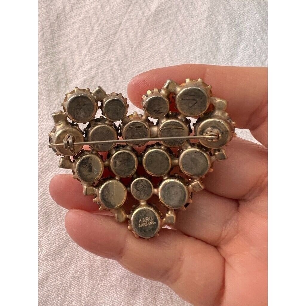 Vintage Austrian Crystal Pin Heart Shape Round Faceted Karu Arke Silver Toned