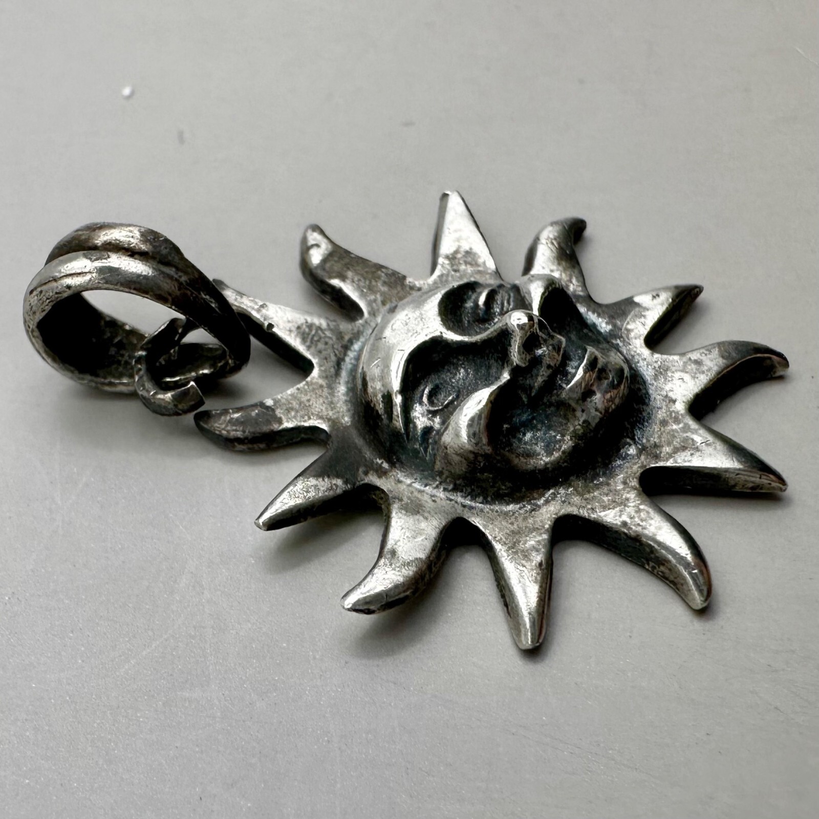 Happy Sun Face Pendant Celestial God Cast Sterling Silver Marked 925 Tilted Bail