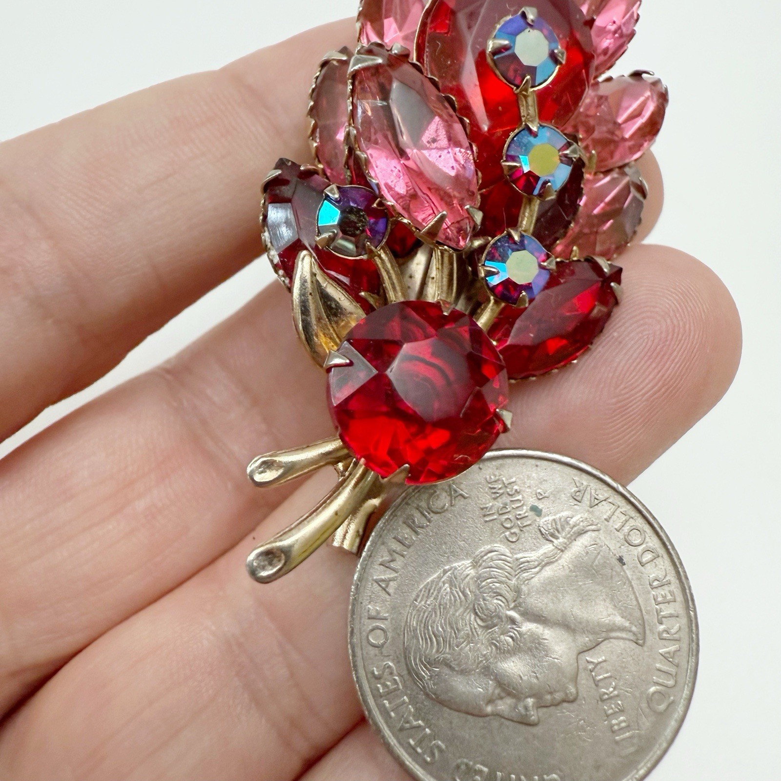Vintage Red Pink AB Glass Rhinestone Flower Floral Spray Brooch Pin Goldtone