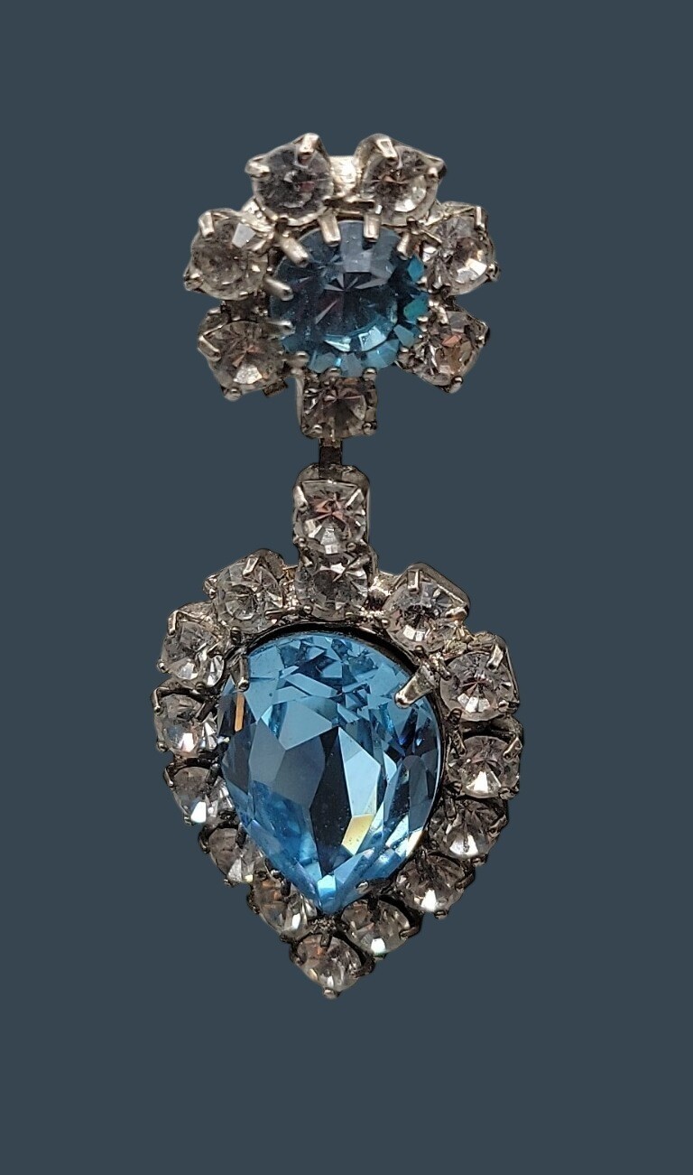 Vintage Art Deco Baby Blue Clear Rhinestone Teardrop Dangle Post Earrings