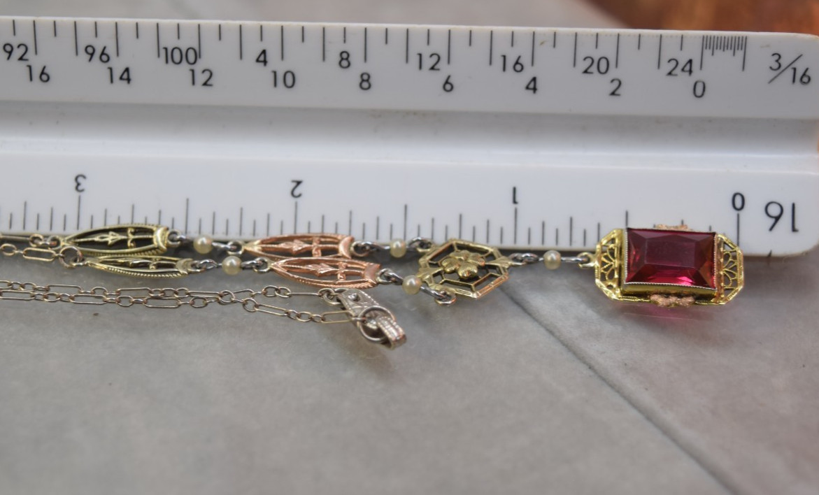 Antique Deco 10K Rose White Yellow Gold Red Ruby Glass necklace 17″