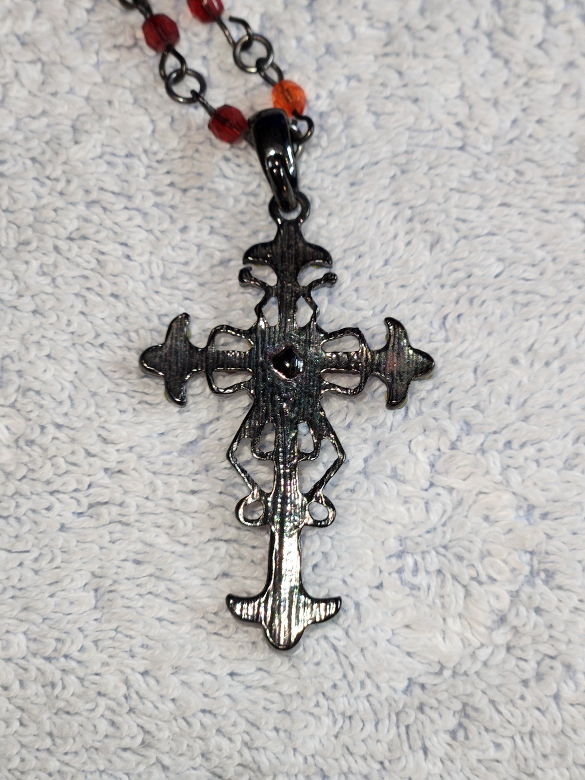 Vintage Ruby Red Crystal 1.5″ Cross Beaded 16″ + 2″ Necklace