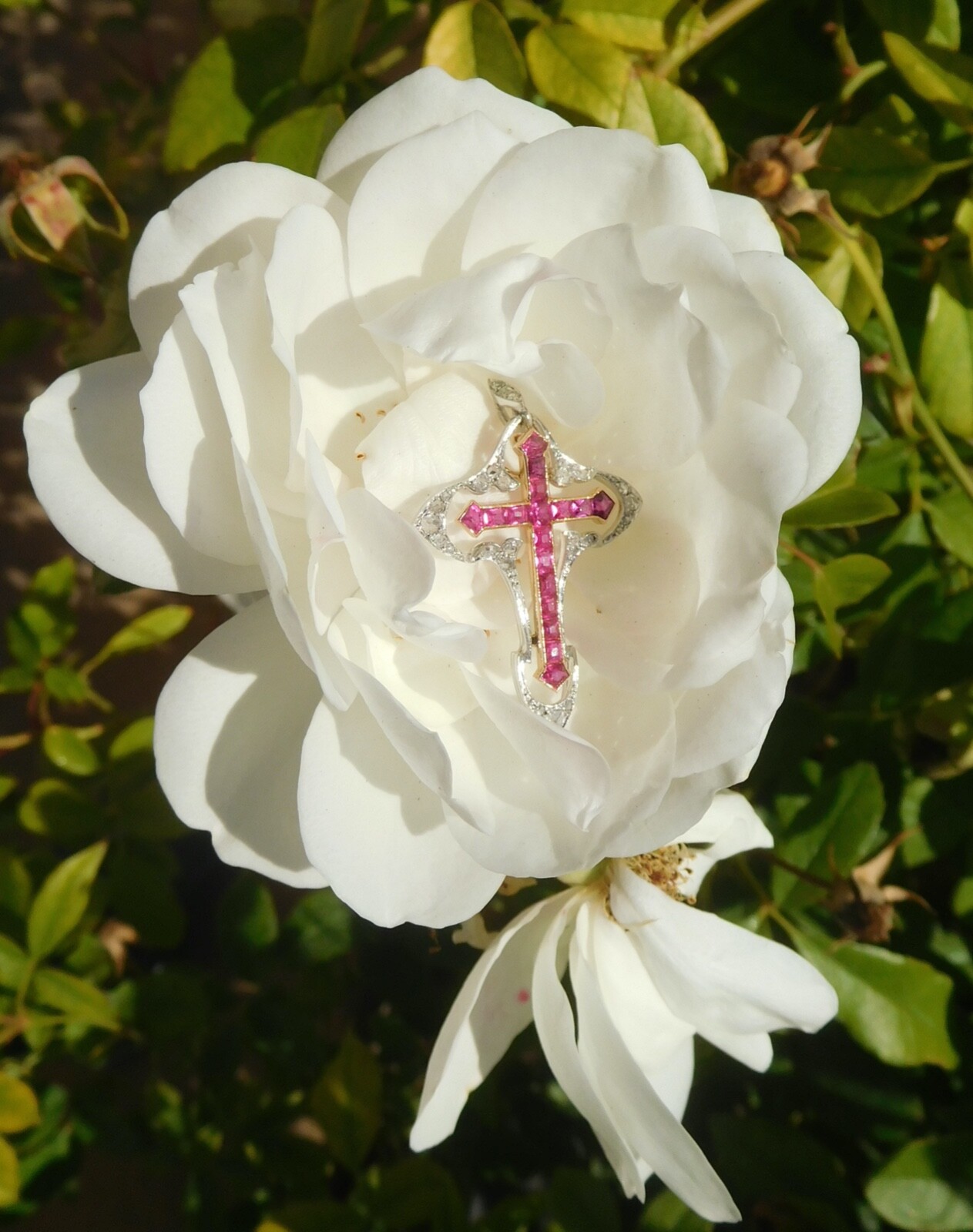 Belle Époque Art Nouveau 18K Rose Gold Platinum Diamonds Rubies Cross Pendant 🥀