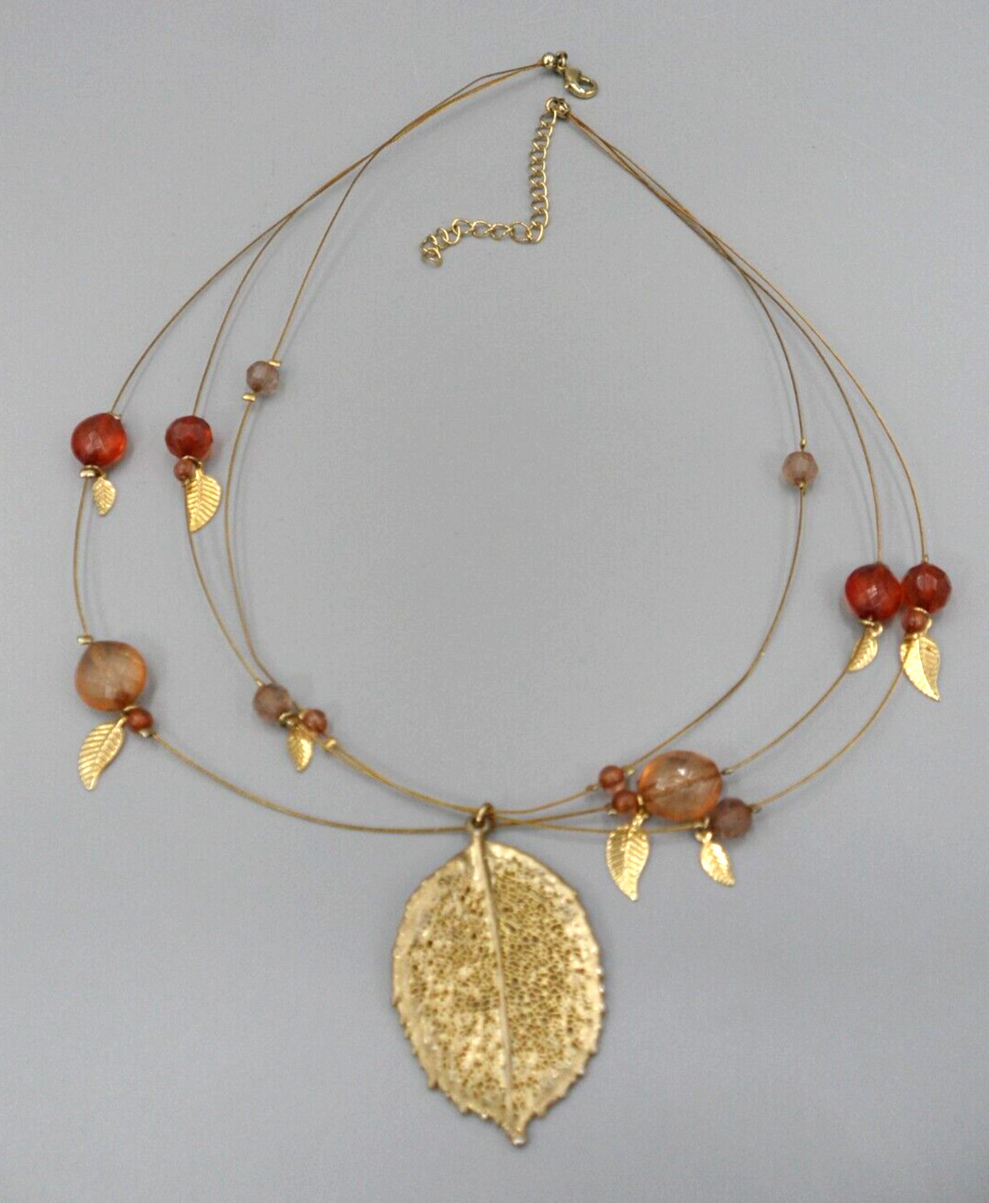 3 Strand Festoon Station Necklace Leaf Pendant Charms Peach Orange Mauve Beads