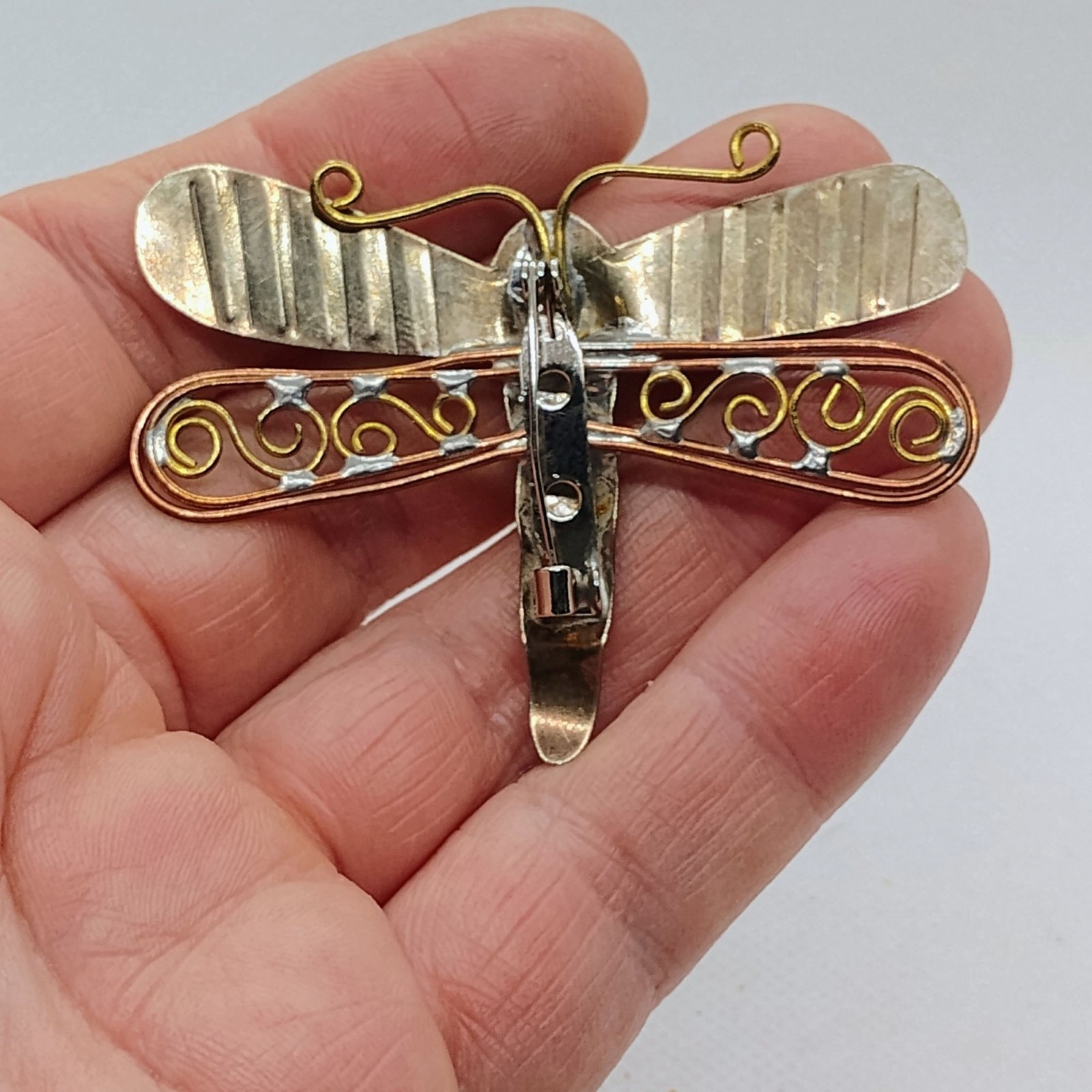 Handmade Mixed Metal Dragonfly Brooch Pin 1 3/4″ x 2 3/8″
