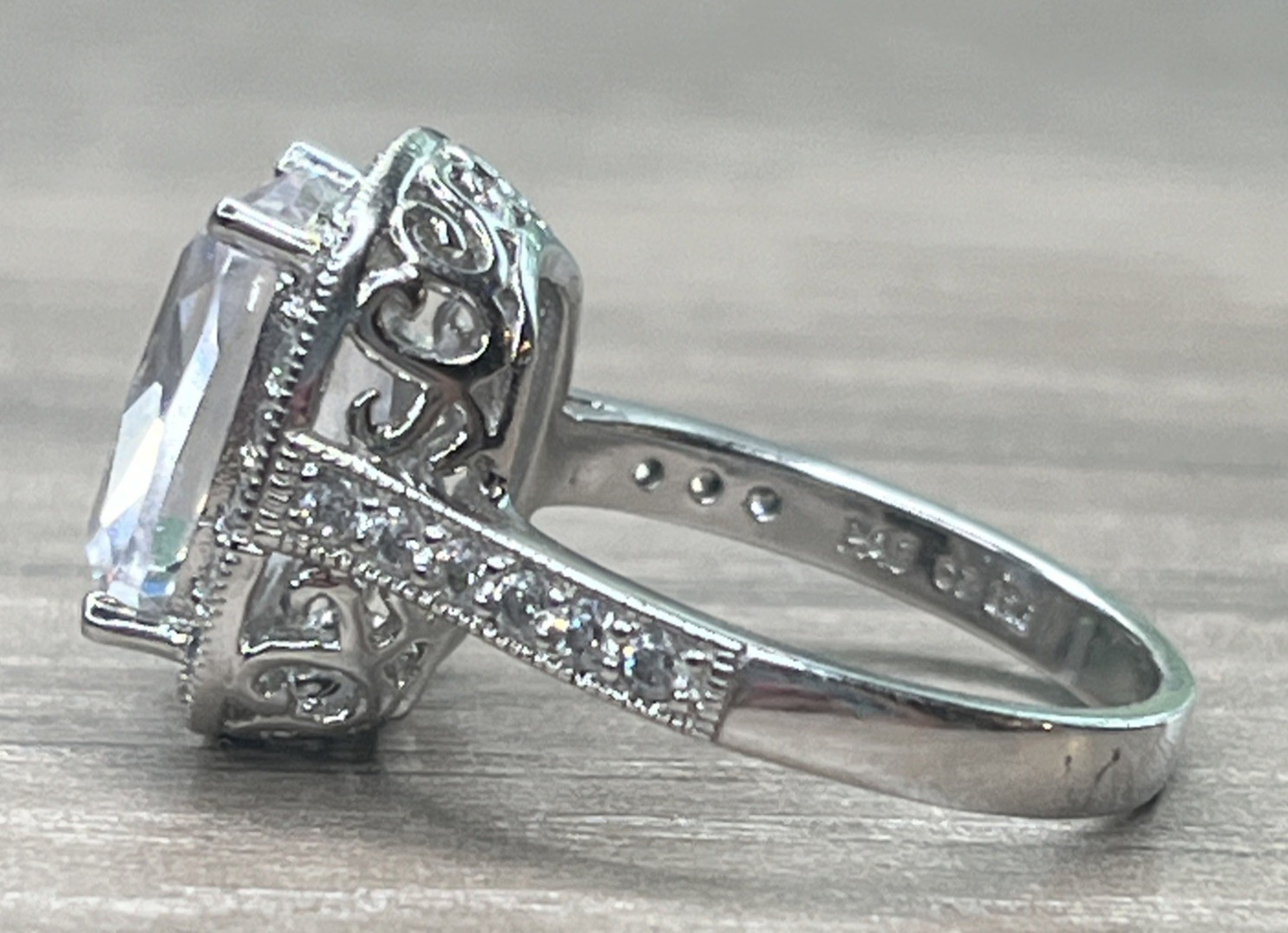 Signed PAJ Sterling 925 Clear CZ Cushion Cut Ring Halo With Side Stones SZ 8 6g