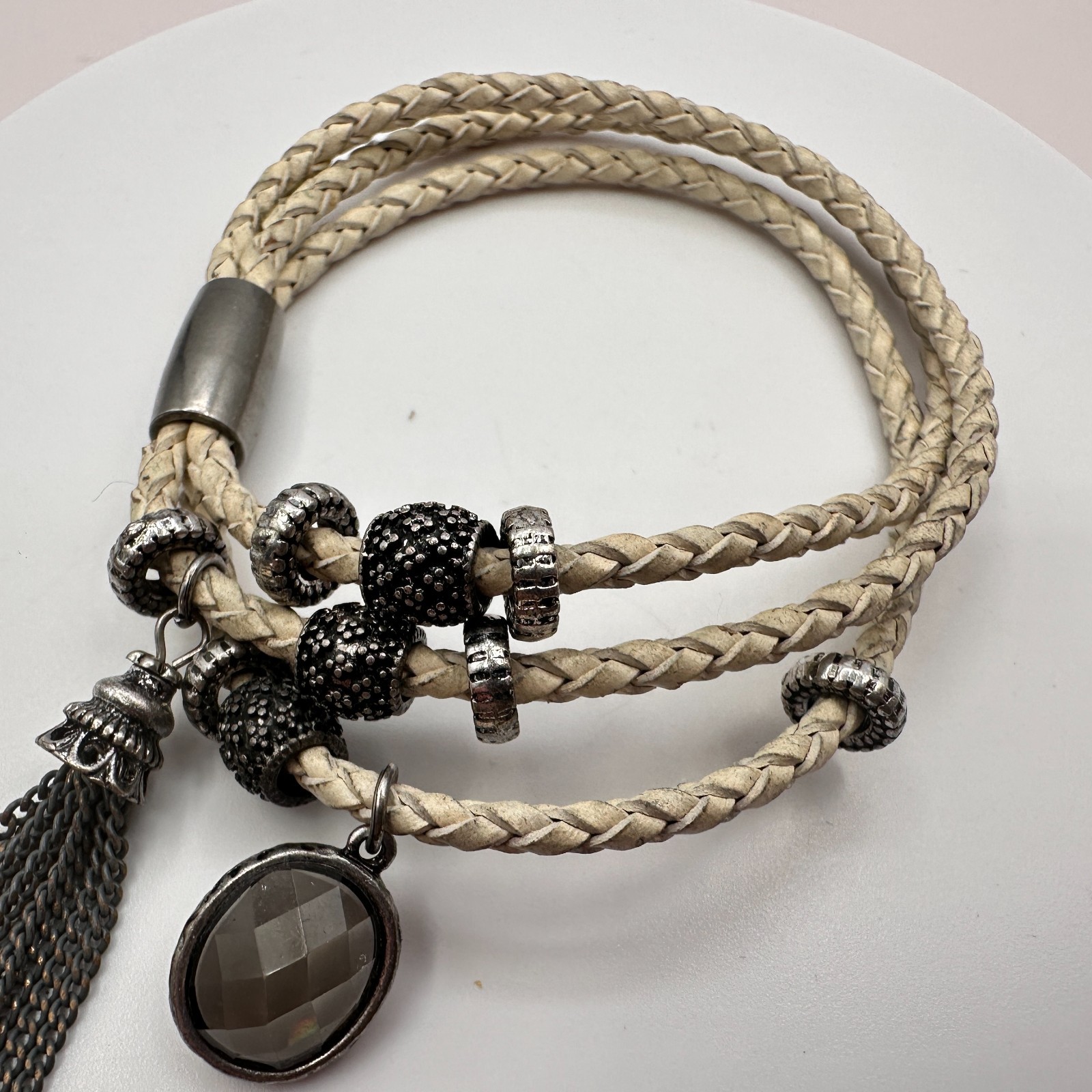 VTG Gunmetal Beige Leather Multi Strand Wrap Bracelet Tassel Charm Druzy Beads