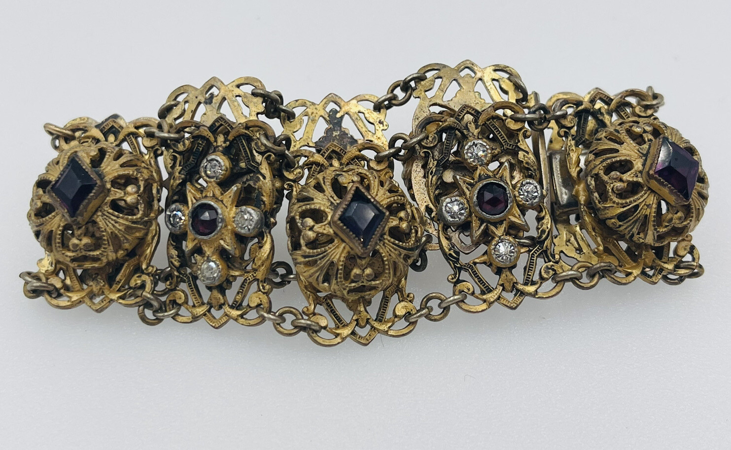 Antique Czech Purple Glass Brass Ornate Bracelet