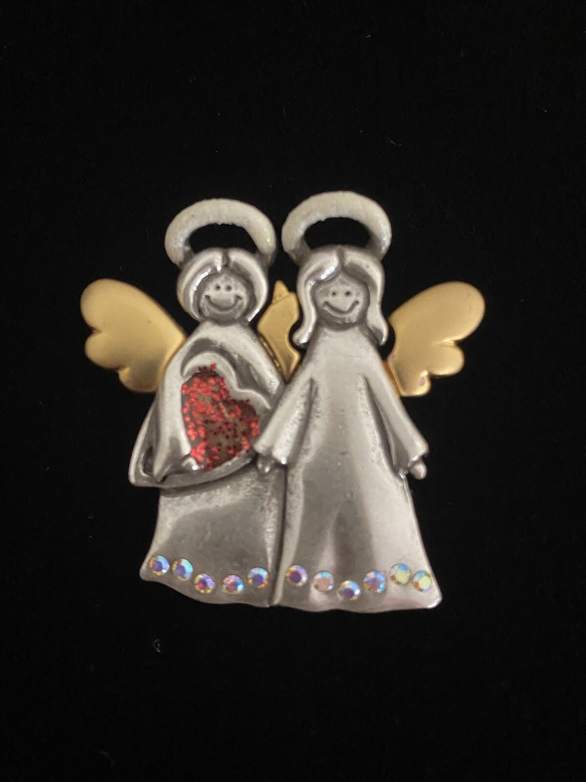 AJMC Vintage Pin Brooch Angels Antique Silver Tone with Gold Wings Red Heart