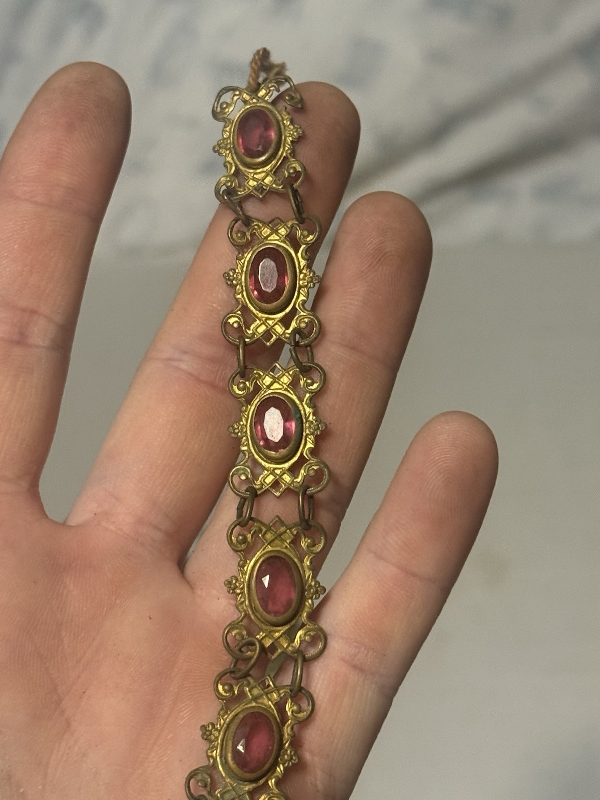 vintage Czechoslovakia filigree link bracelet pink stones No clasp