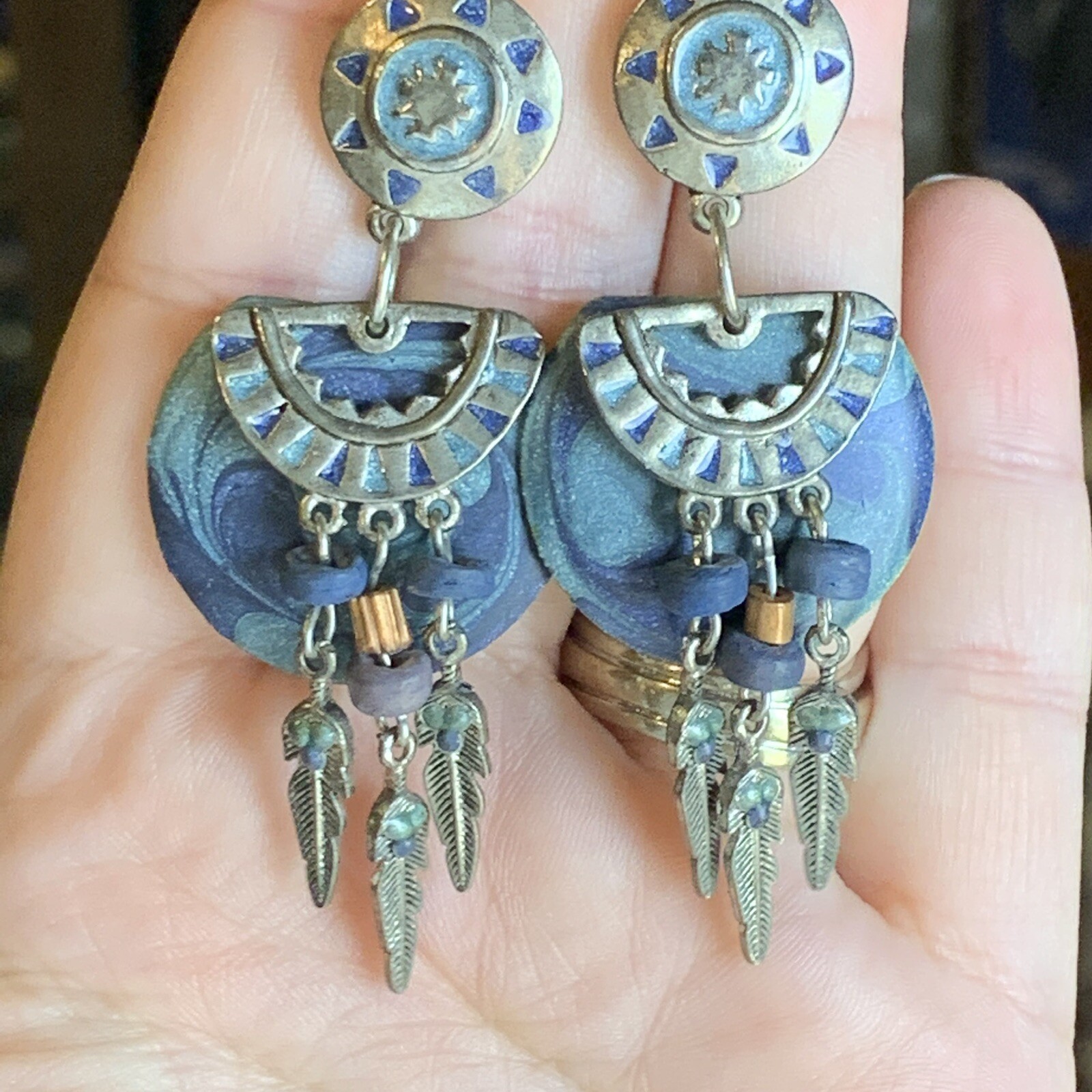 Vintage Edgar Berebi Blue Earrings South Western Theme Dangling Feathers Enamel