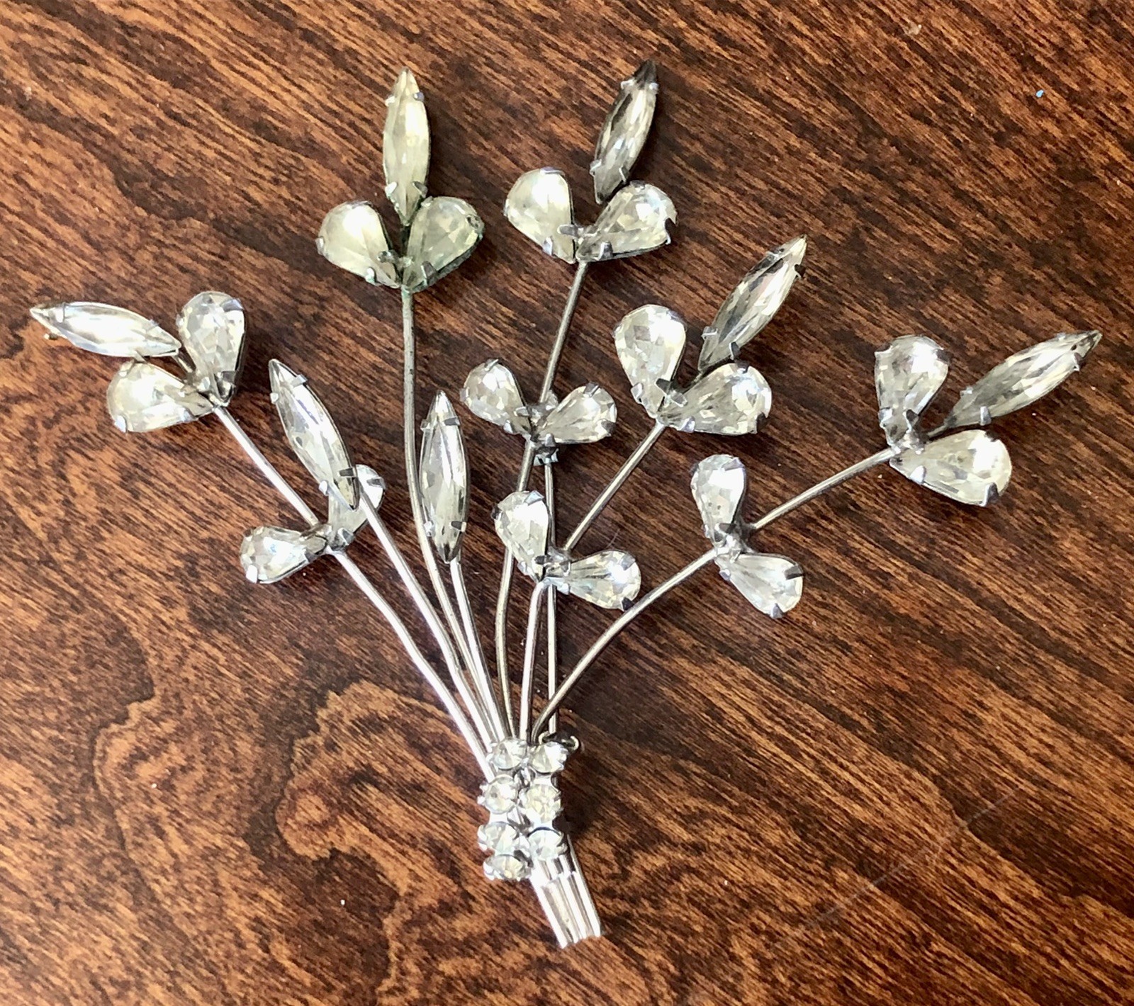 Vintage Clear Prong Set Rhinestone Tremble Flower Spray Brooch 3 X 3.5