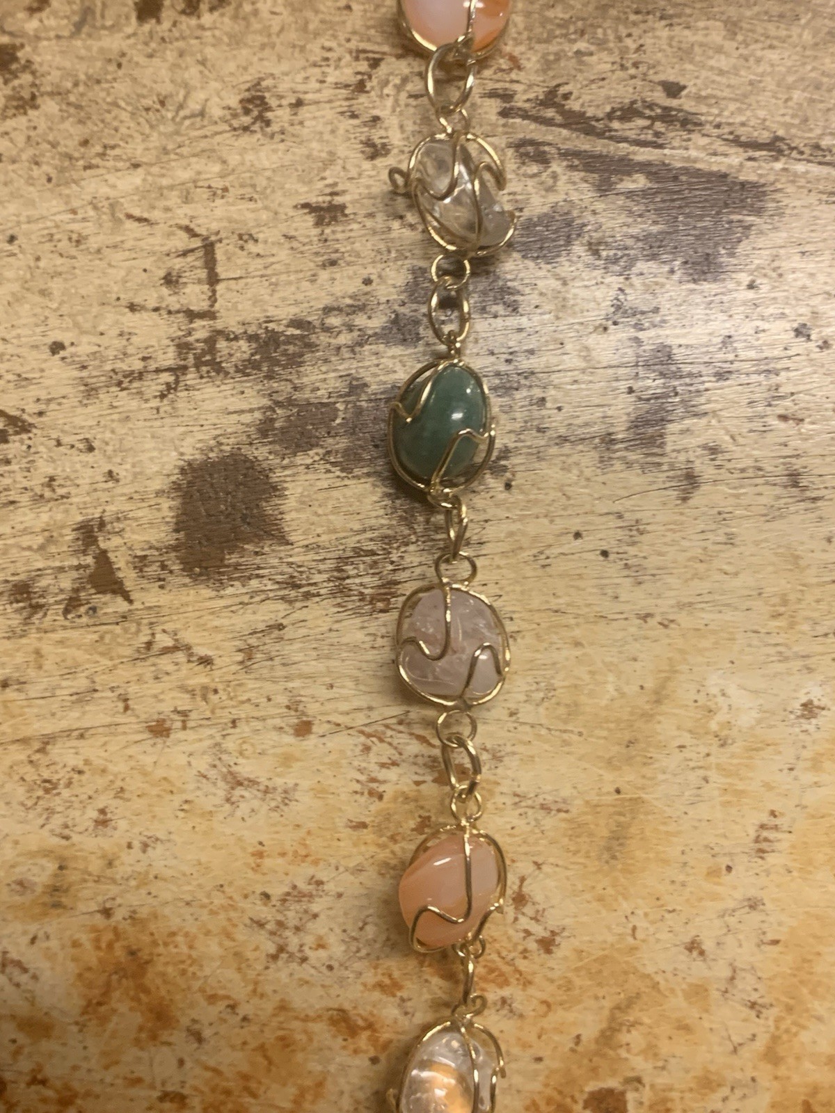 Gold & Natural Gemstone Cage Necklace 24 Inches Vintage