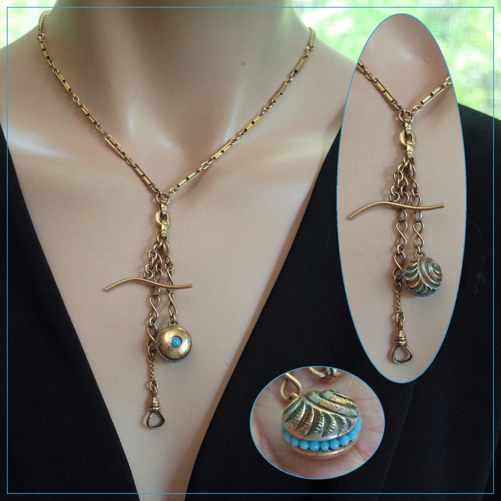 Antique Gold Filled Turquoise Watch Fob Necklace Bar & Link Chain Swivel Hook