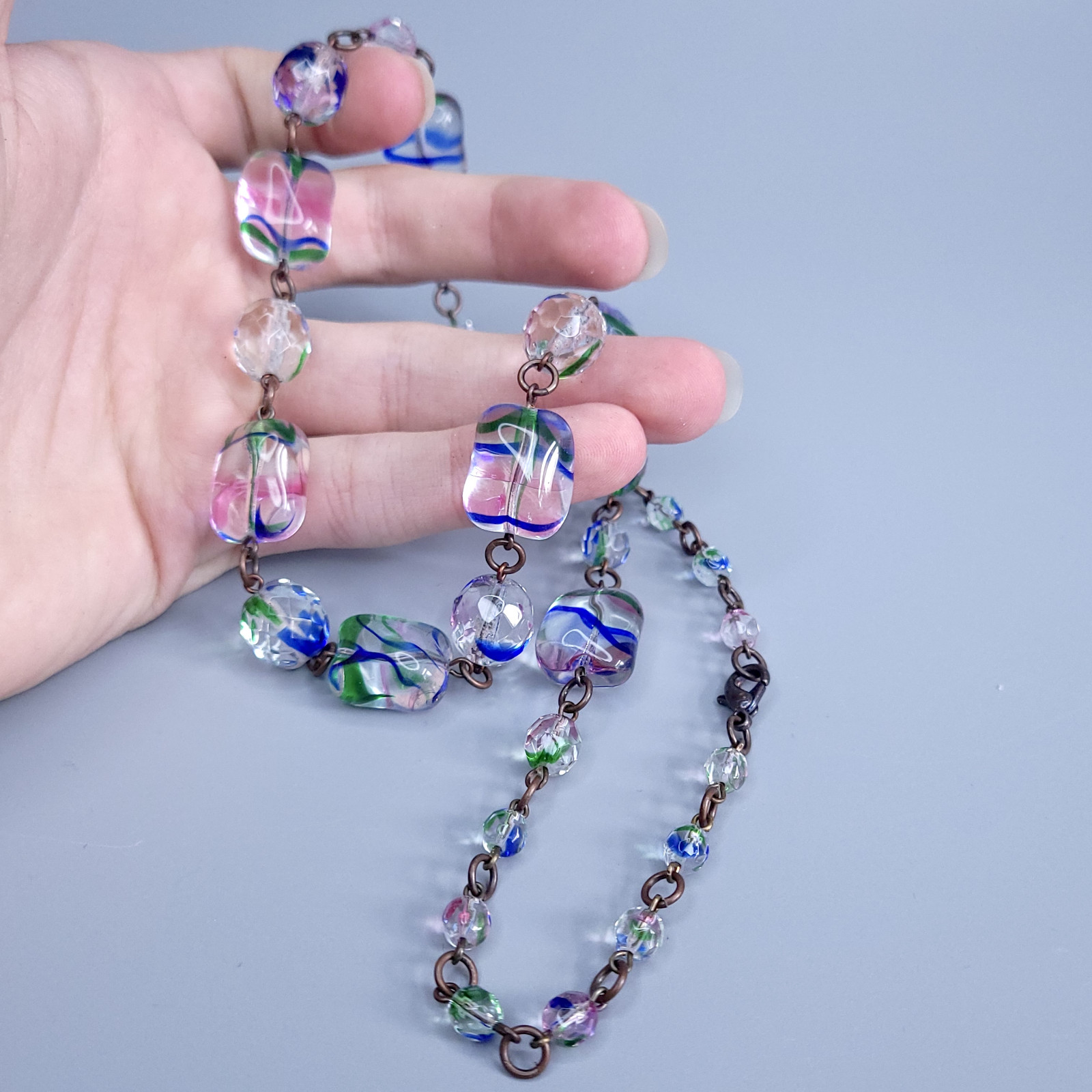 Iris Glass Necklace 22” Multicolor Czech Vintage Beads Art Glass