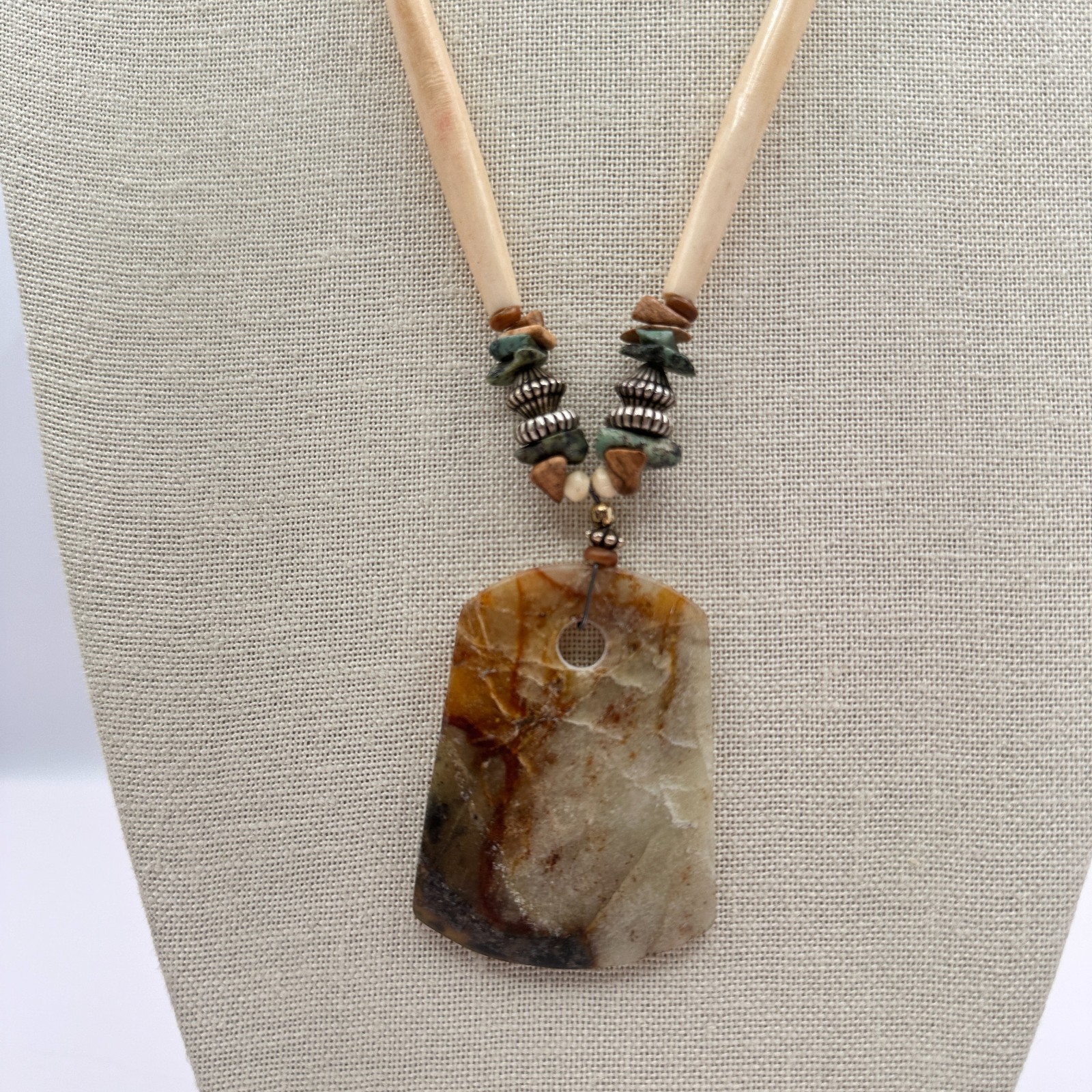 Vintage Southwestern Earthy Resin Pendant Hairpipe Necklace Boho Bead Statement