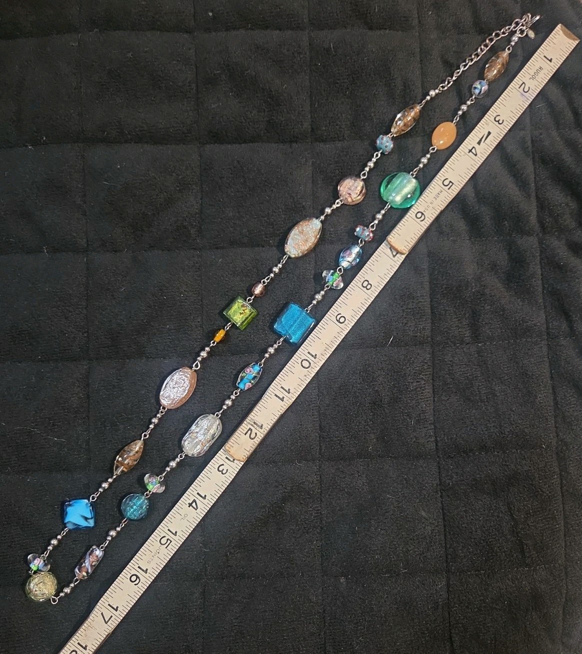 Premier Designs Necklace Venetian Foil Art Glass Long Multicolor Flapper 36″