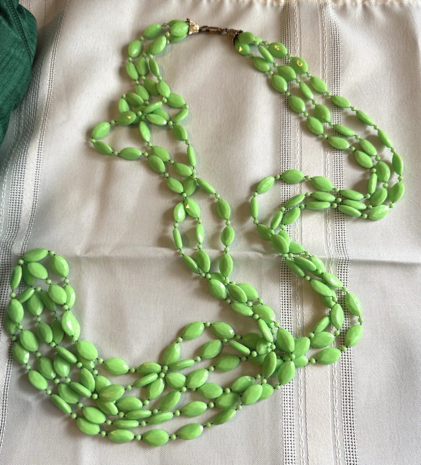 Vintage Plastic Lime Green Triple 3 Strand Necklace Metal Clasp Jewelry Summer