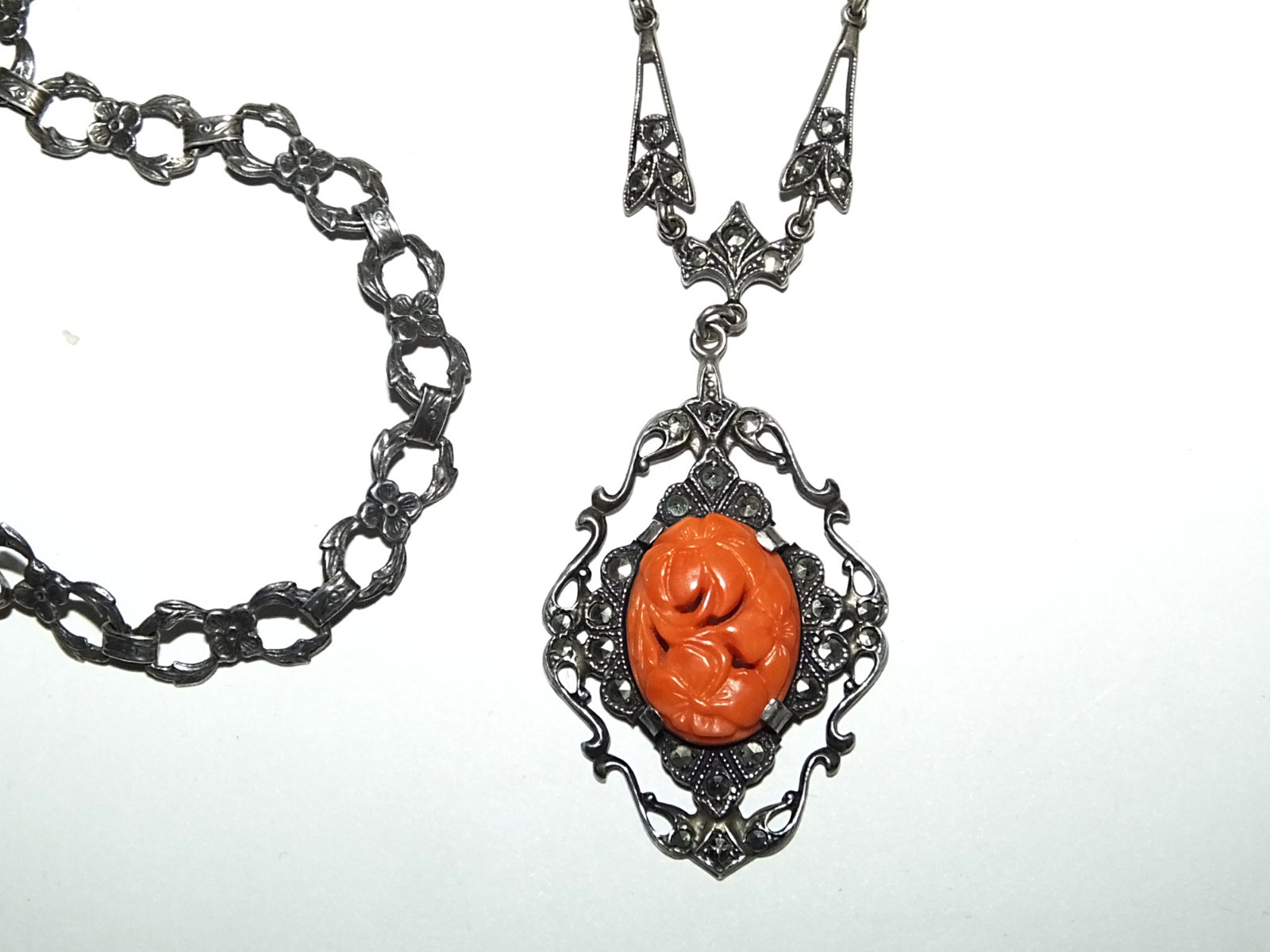 Antique Edwardian Art Deco Floral Carved Faux Coral Marcasite Sterling Necklace