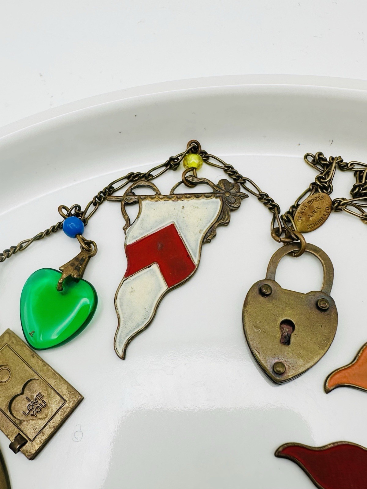 Vintage Glass Works Studio Flag Motifs Heart Glass Charms Multi Colors Necklace