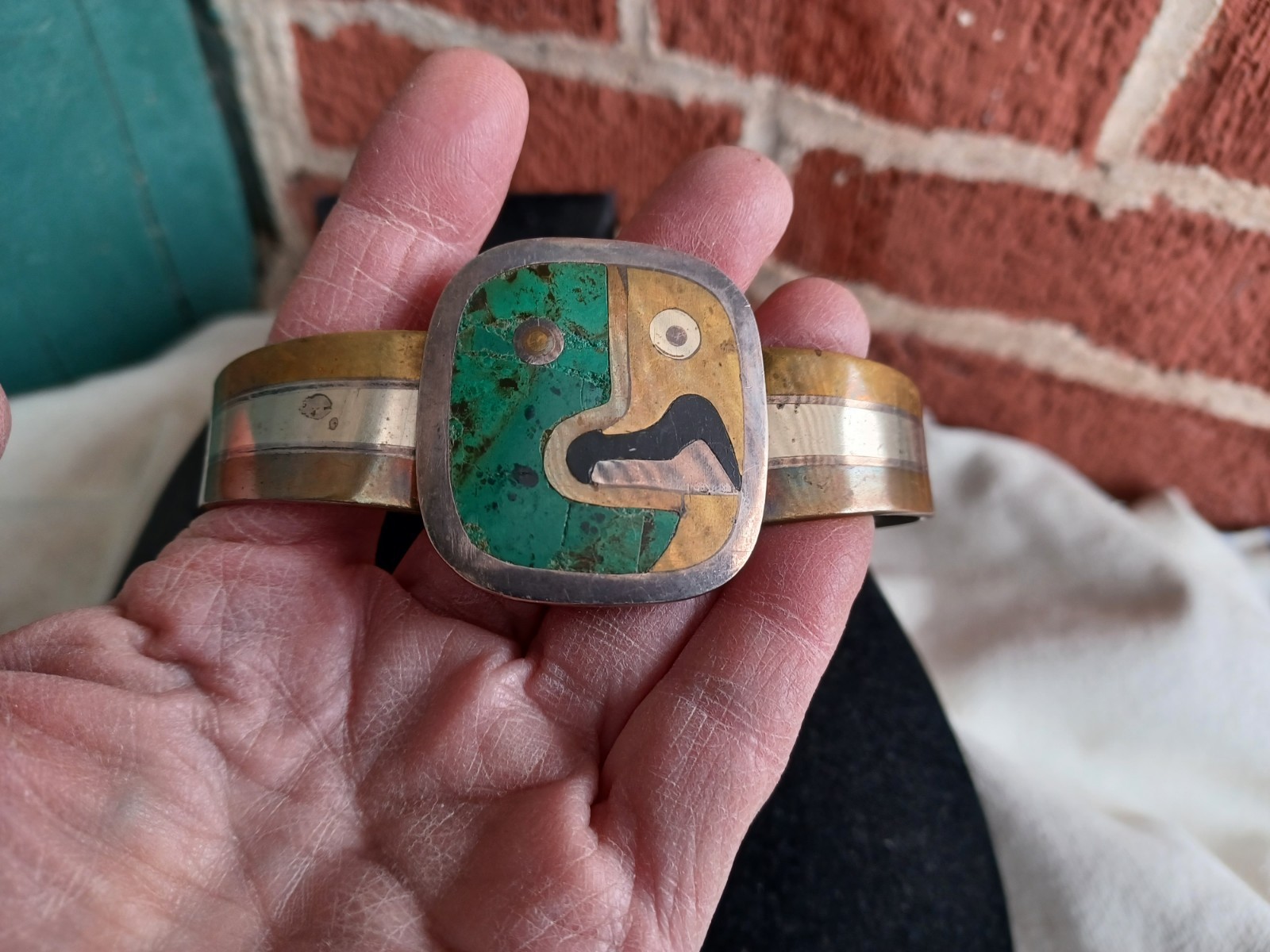 VINTAGE MODERNIST LOS CASTILLO METALES MEXICAN MIX METAL SILVER PARROT BRACELET