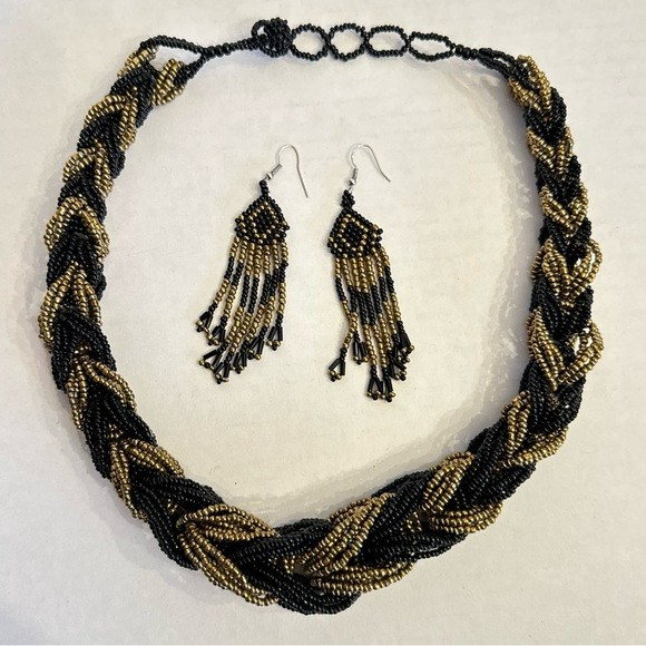 Vintage Multistrand Braided Chunky Beaded Statement Choker Necklace Earring Set