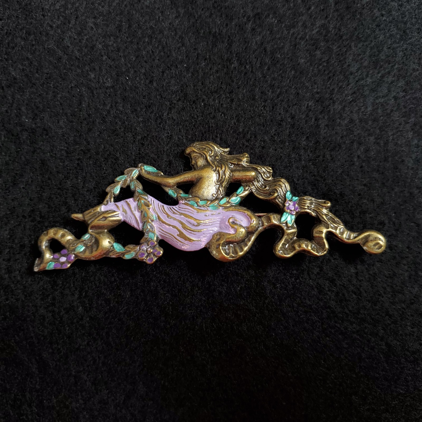 Mermaid Brooch Bronze Tone Purple Statement 3.75″
