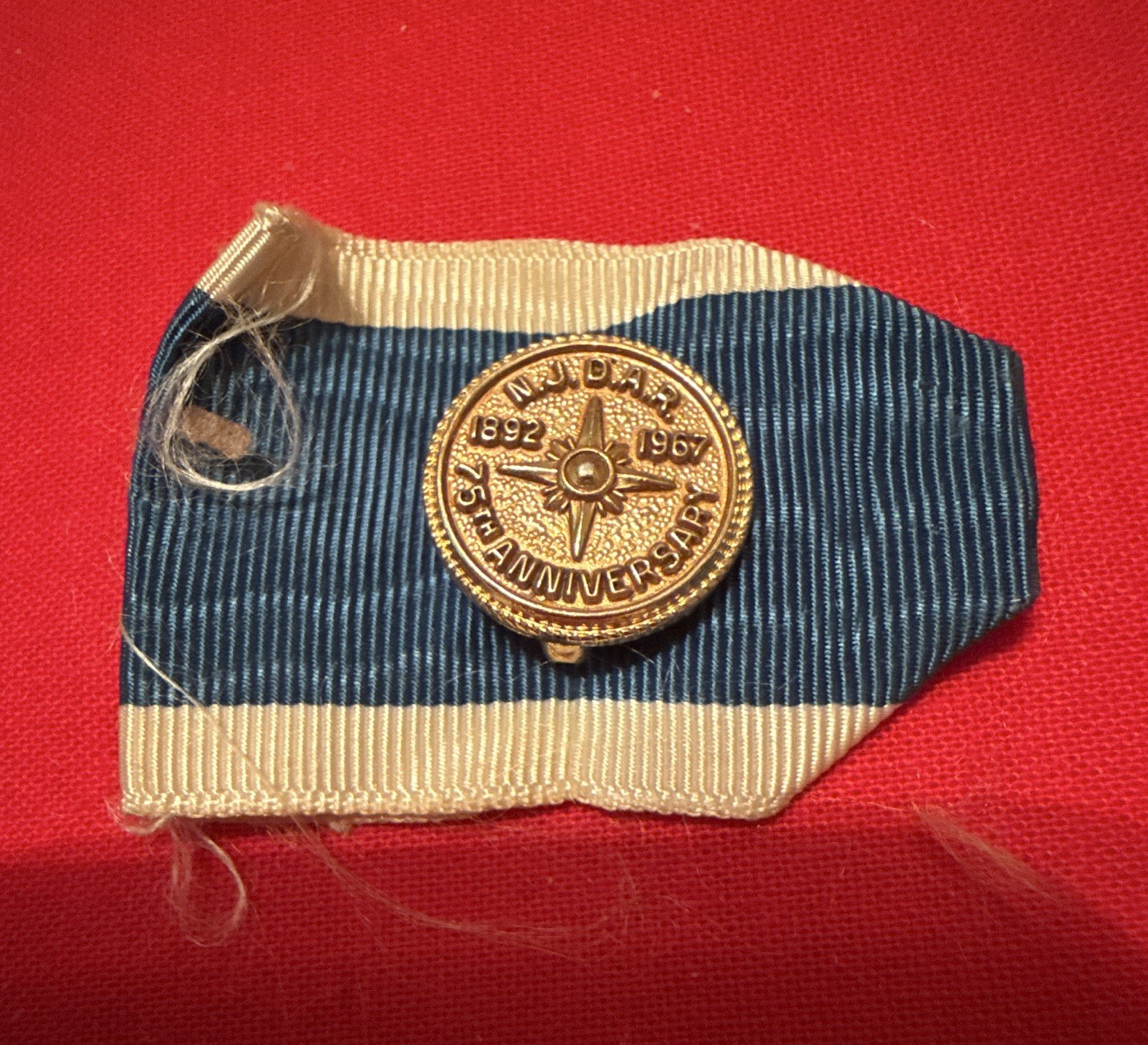 75th Anniversary 1892-1967 Blue & White Ribbon Pin, Gold Tone Round Signed
