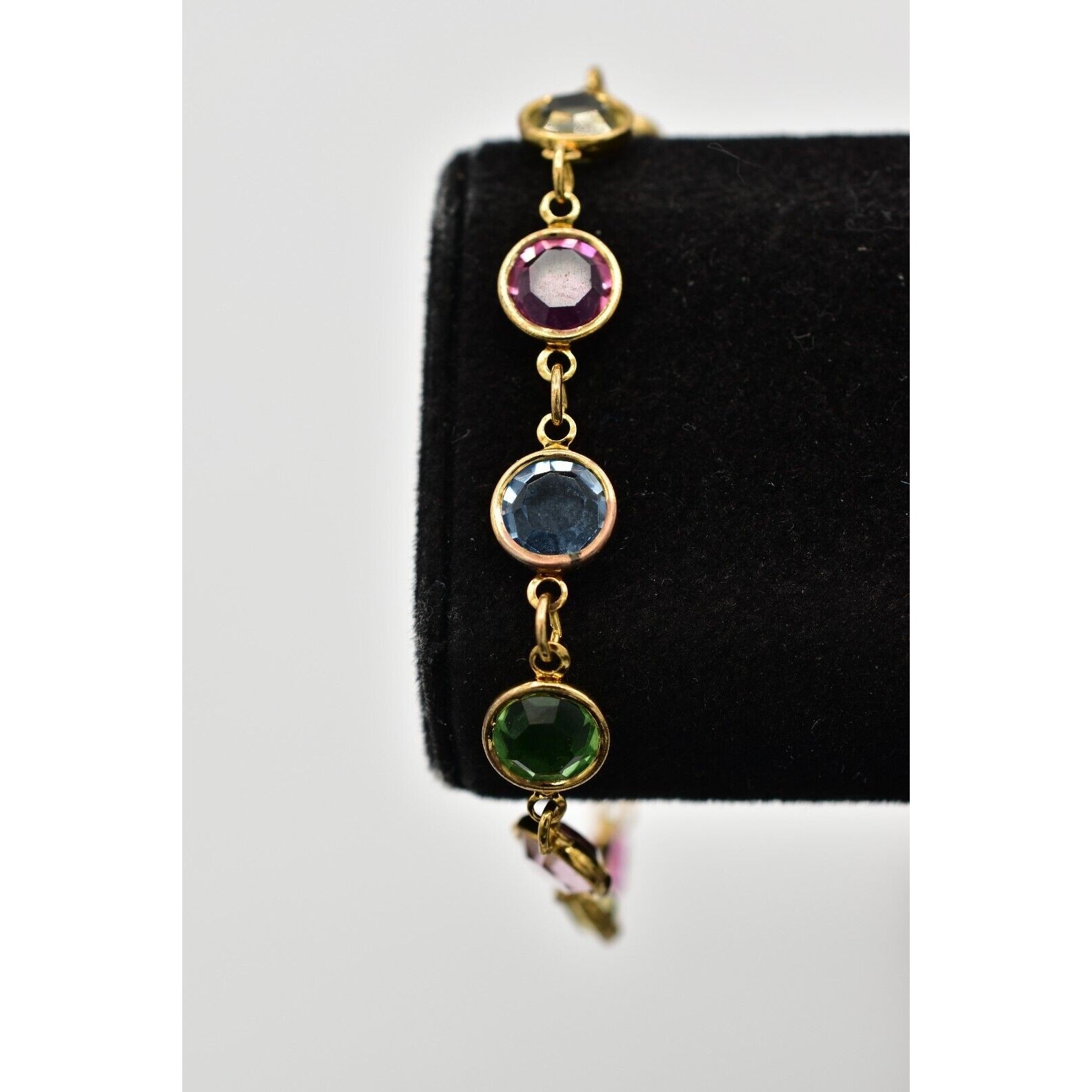 Austrian USA Vintage Crystal Chain Bracelet Open Bezel Gold Linked Signed BinAD