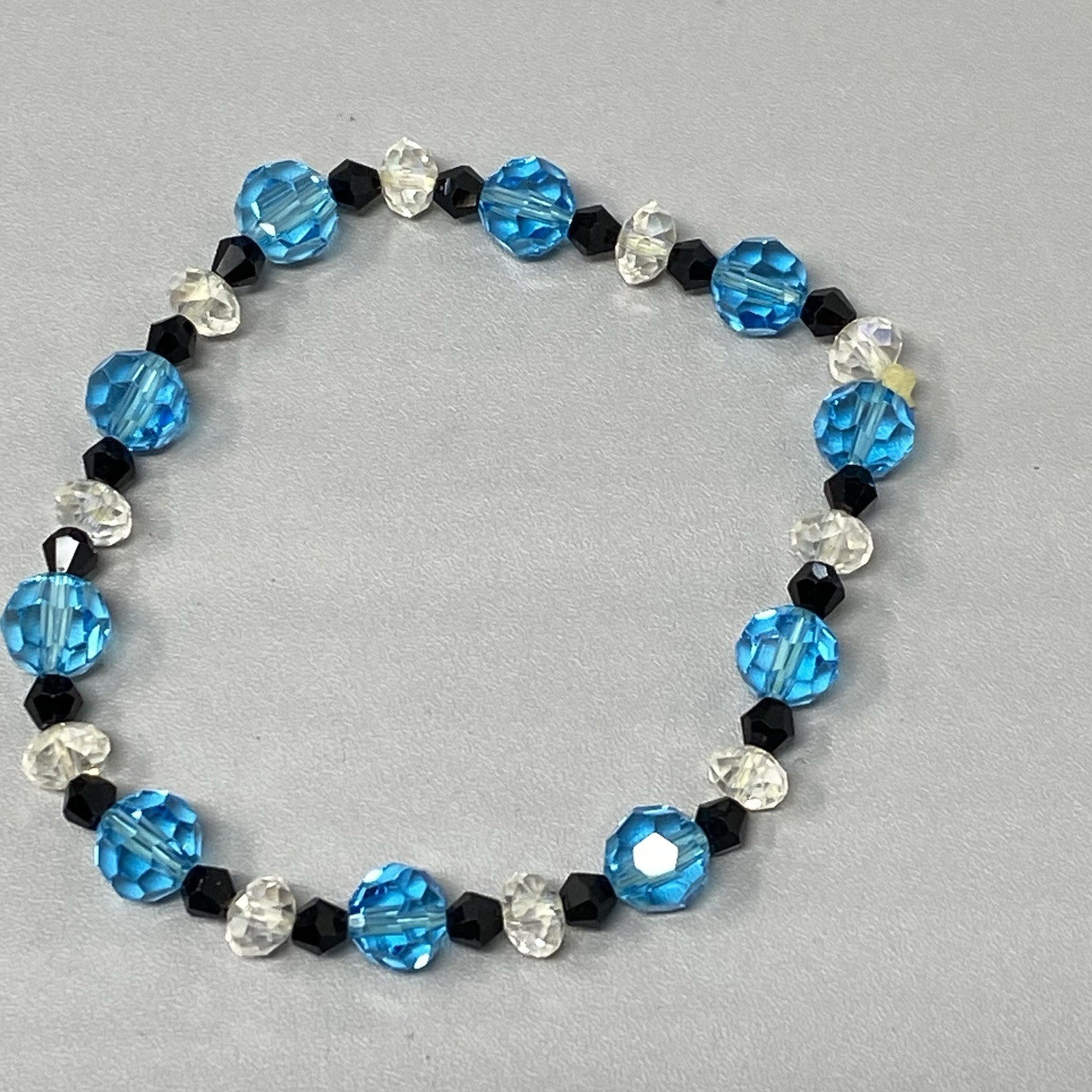 Blue Glass Beaded Bracelet Clear Black Faceted Fire Polished Stretch Elastic 7″