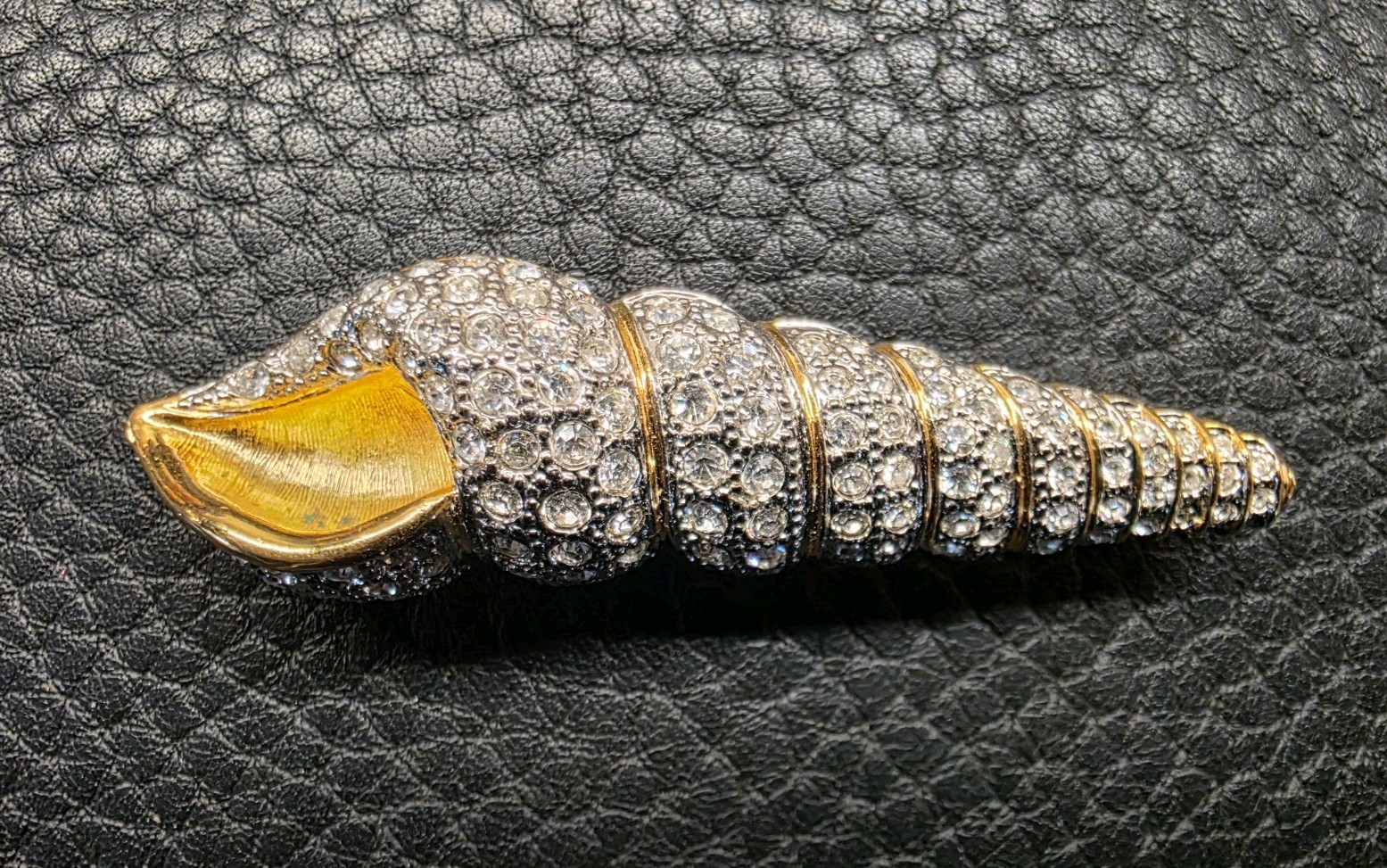 Vintage Faux Crystal and Gold Colored Metal Shell Brooch Pin 3 Inches Length
