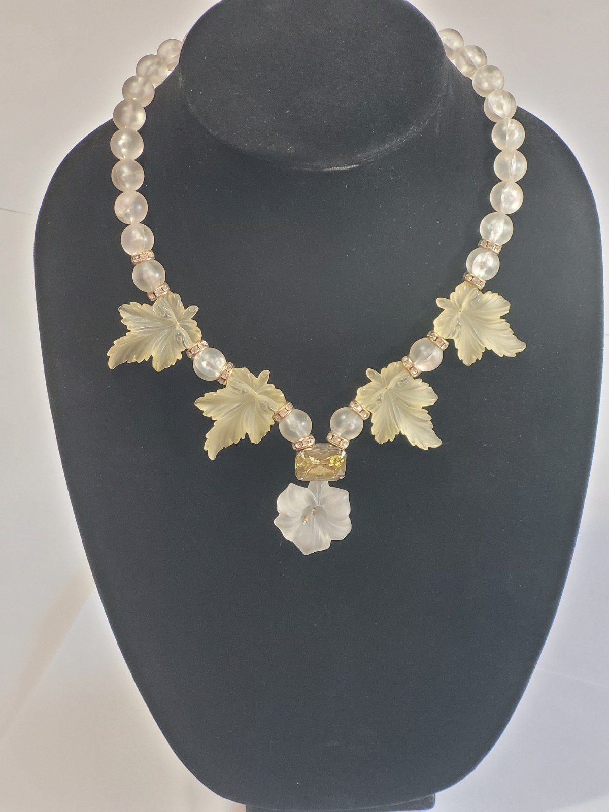 Vintage Carved Lucite Maple Leaf Necklace Clear Crystal Beaded Statement Jewelry