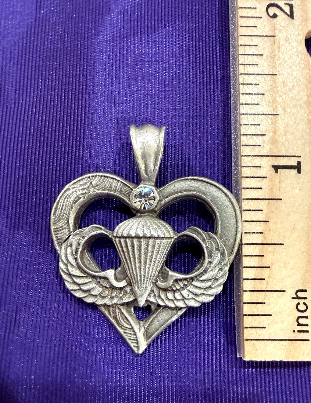 Vintage US Army Paratrooper Pewter Heart Pendant with Rhinestone Accent