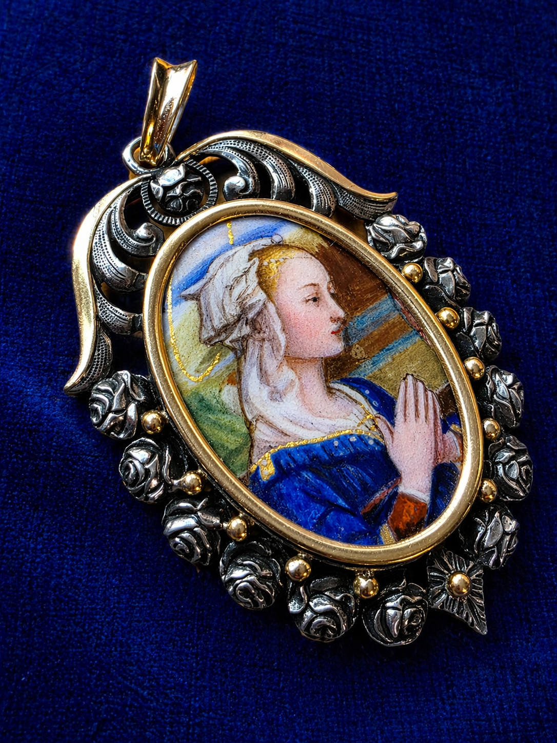 Antique Art Nouveau Silver & 18K Gold Enamel Virgin Pendant Hand Painted Medal