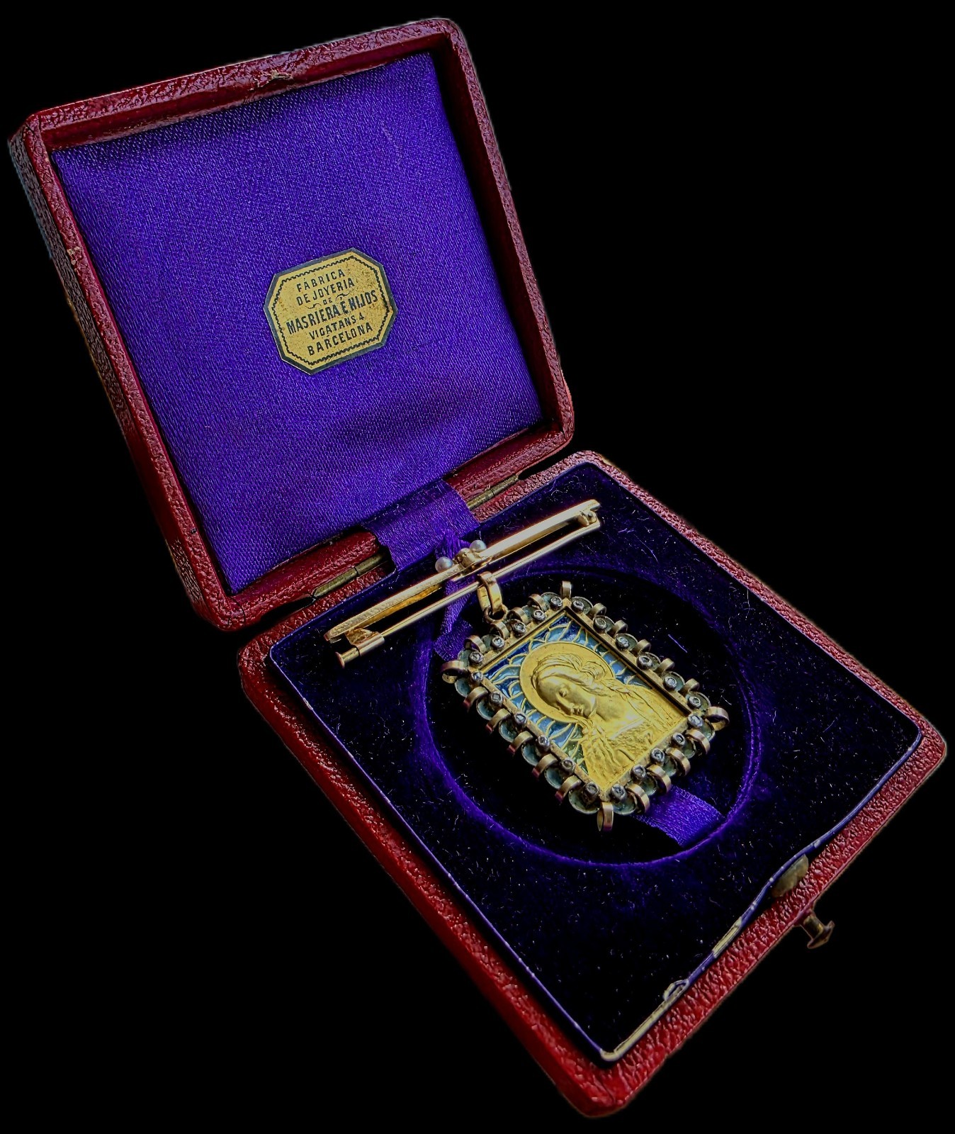 Fine Antique Art Deco 18K Gold Plique a Jour Virgin Mary Pendant Brooch C 1930