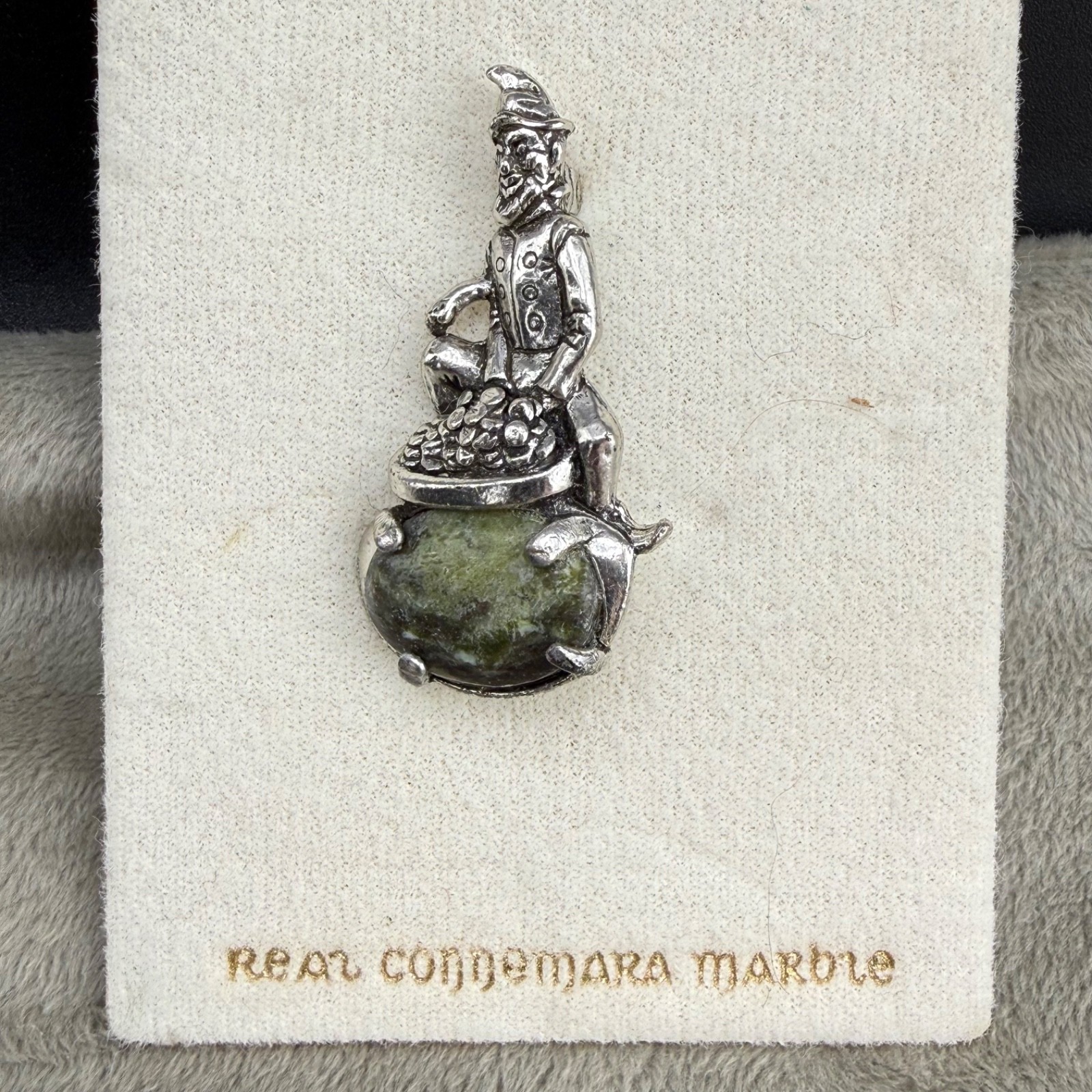 Vintage Connemara Marble Brooch Leprechaun Silver Tone Lucky Elf