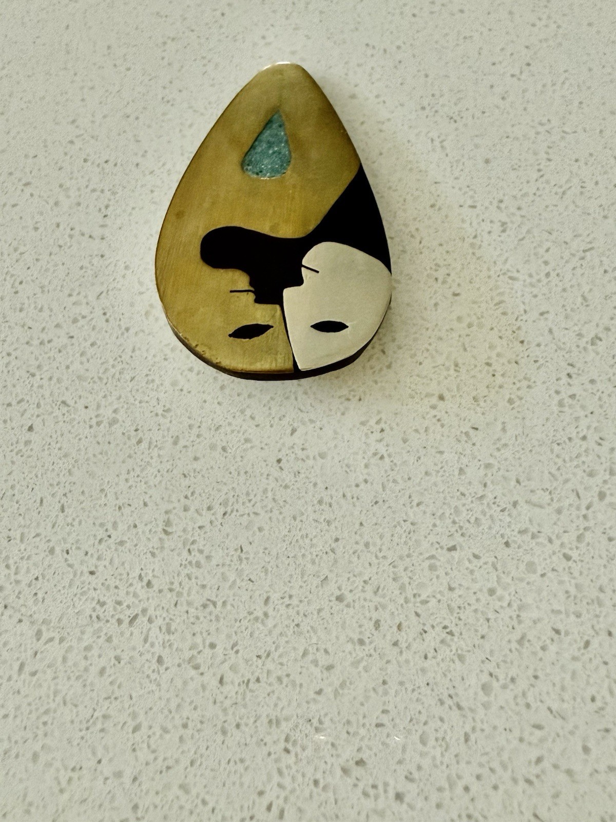 Vintage MCM Mexican Modernist Faces Mixed Metal Inlay Brooch Stella Popowski