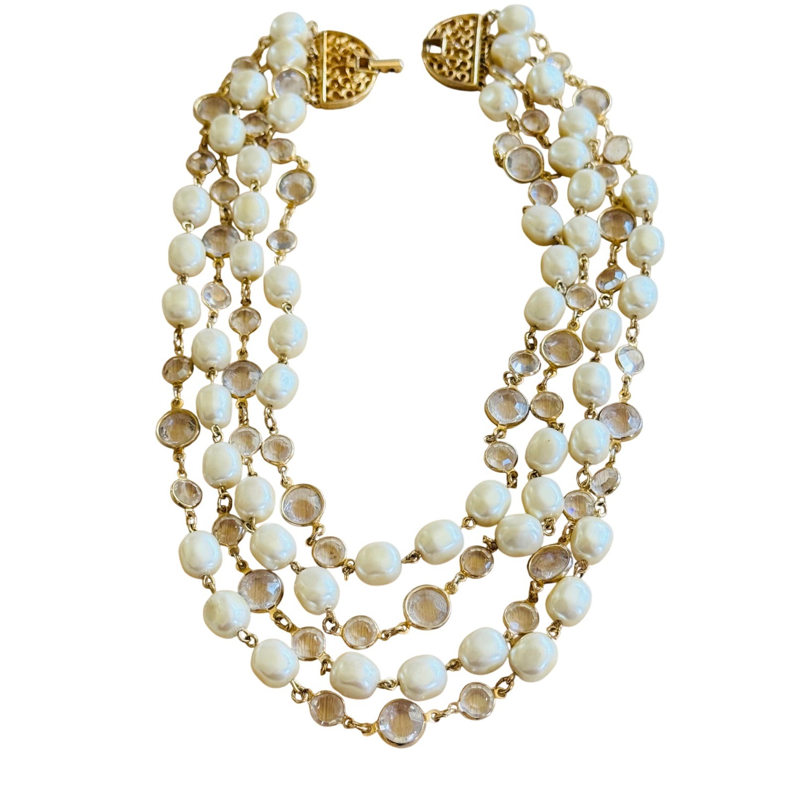 VTG Regal Baroque Pearl Multi Bib Necklace Crystal Acrylic 4 Strand Gold Luxury