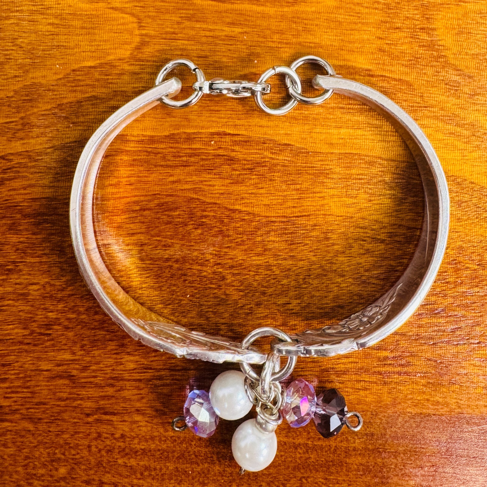 Vtg Silverware Double Handle Floral Bangle Silverplate Bracelet Purple & Pearls