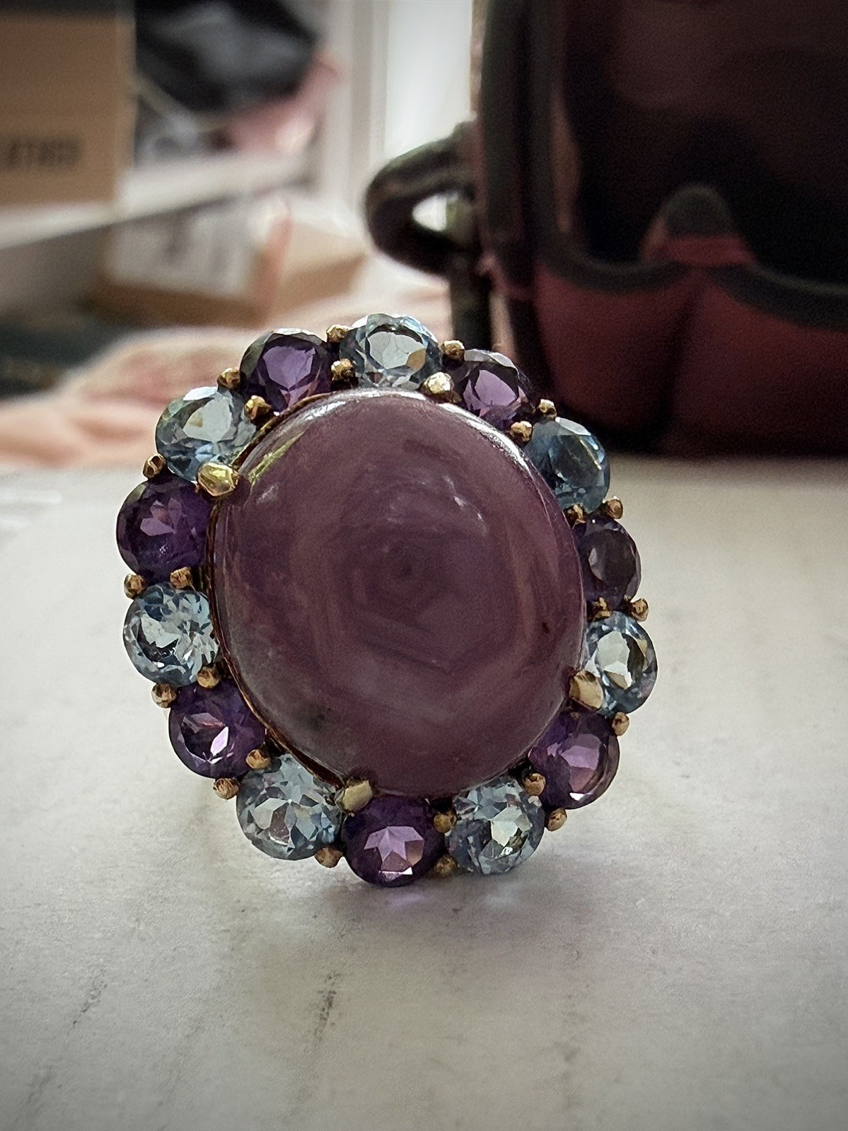 Hex Pink Sapphire Cabochon Ring. Topaz and Amethyst accents