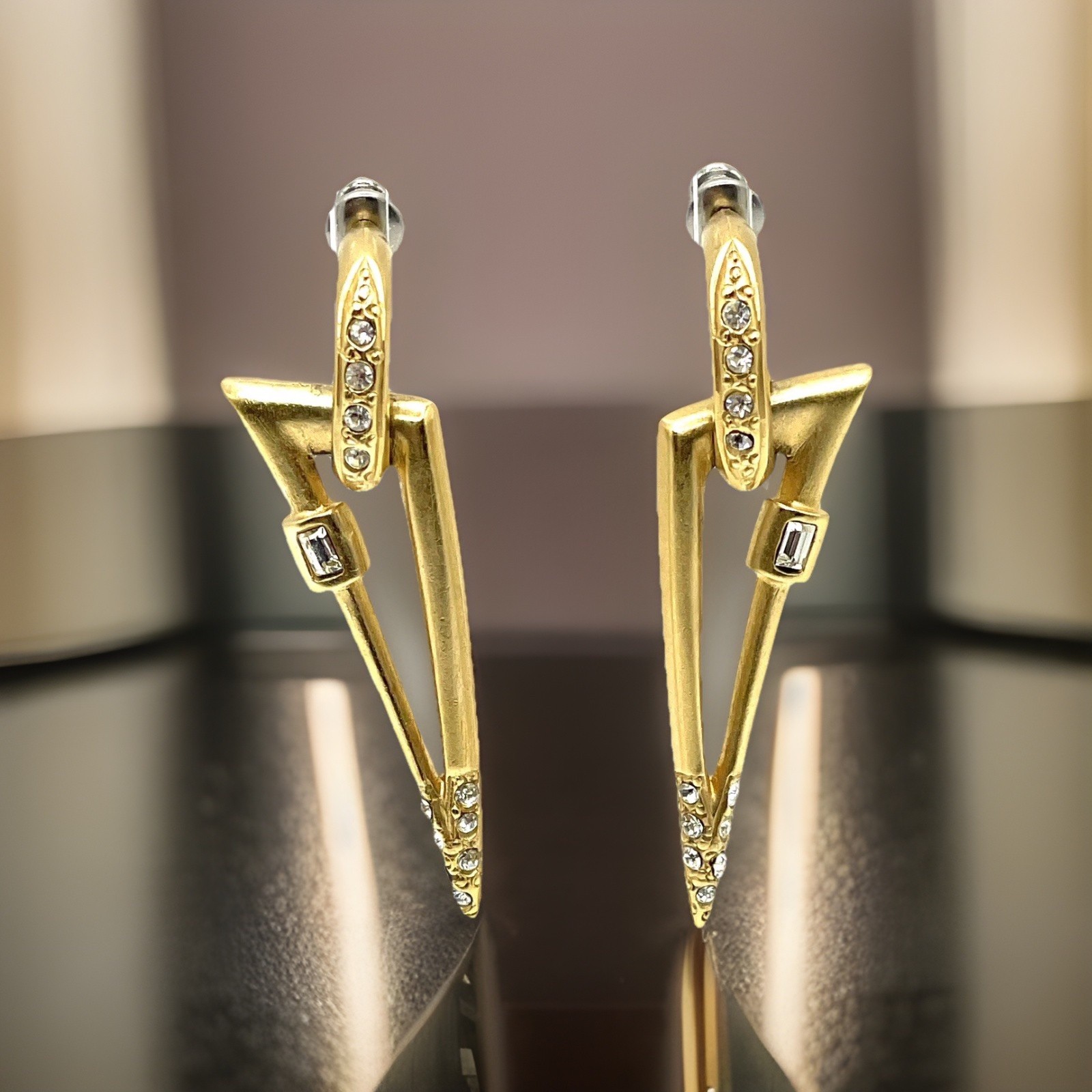 Vintage Jackie Collins Brushed Gold Rhinestone Geometric Drop Dangle Earrings 2”