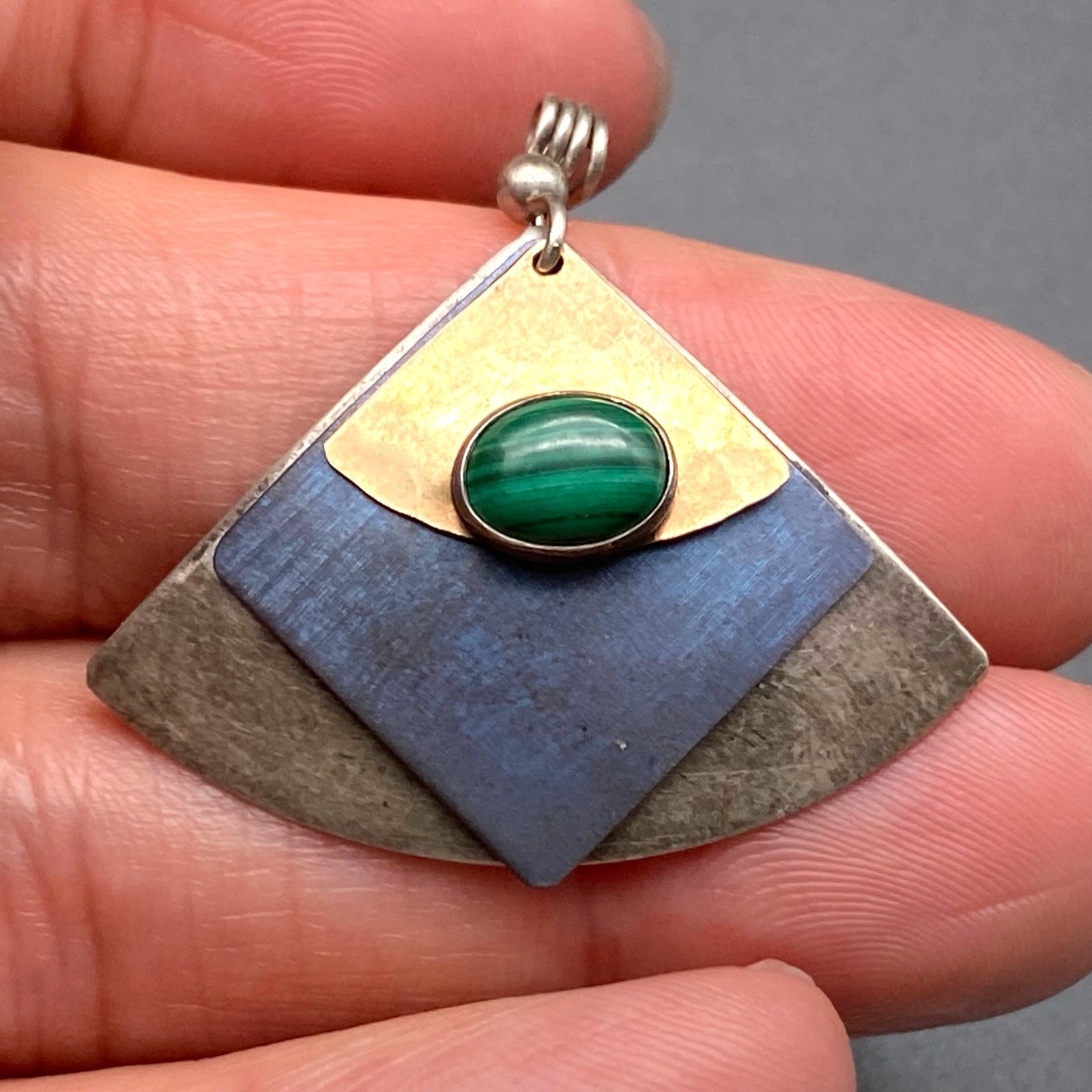 Vintage Modernist Malachite Sterling Silver Mixed Metal Dangle Pendant