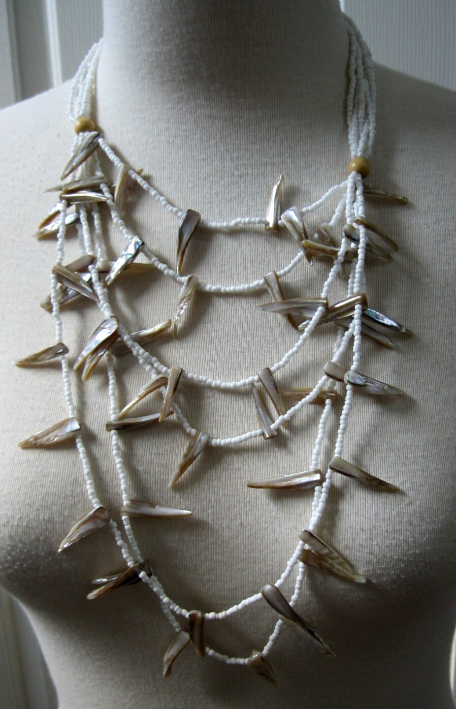 Vintage Multi Strands Necklace Abalone Shell, White Milk Glass & Wooden Beads
